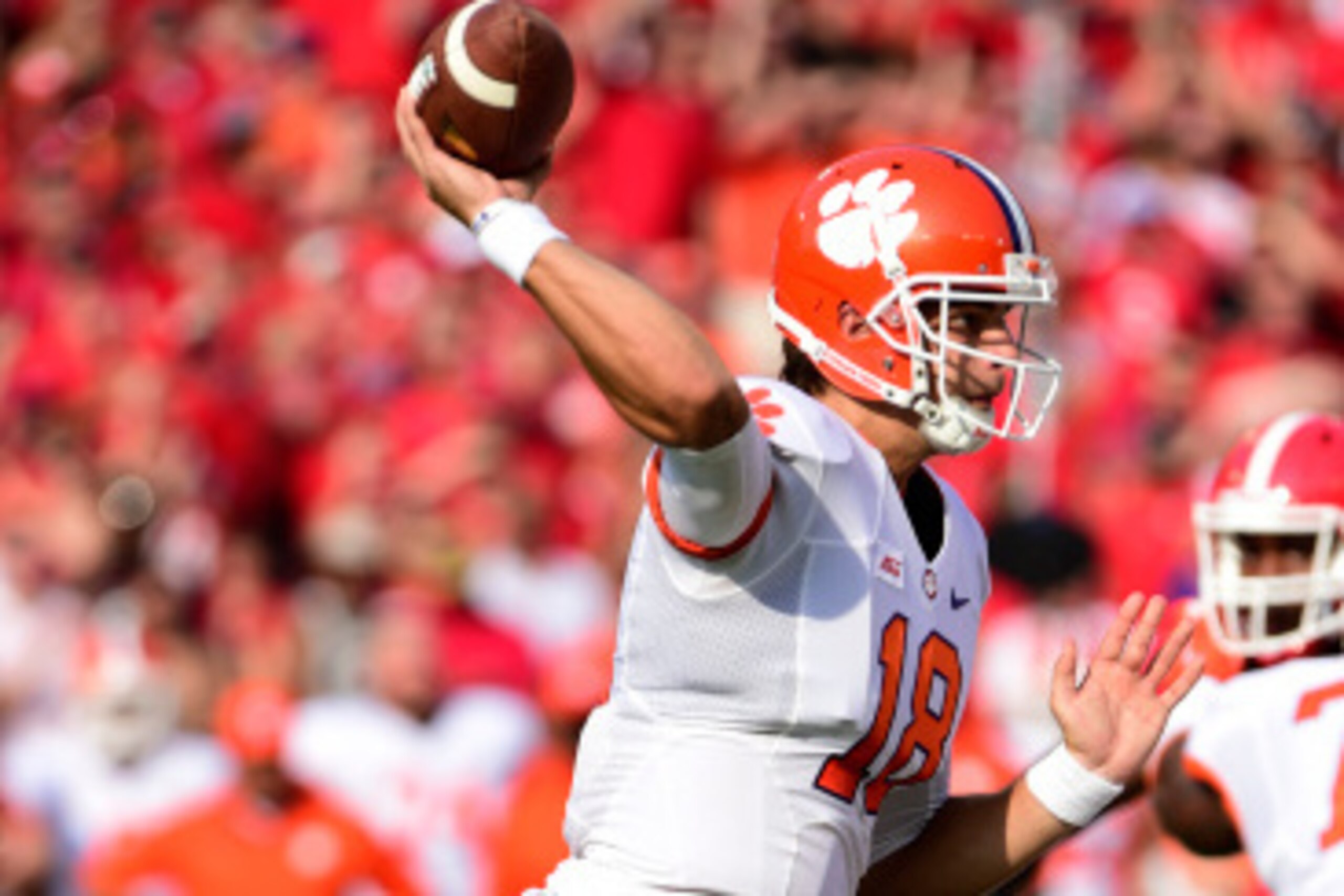 ATHENS, GA - AUGUST 30: Cole Stoudt #18 of the Clemson Tigers passes against the Georgia Bulldogs at Sanford Stadium on August 30, 2014 in Athens, Georgia. (Photo by Scott Cunningham/Getty Images)