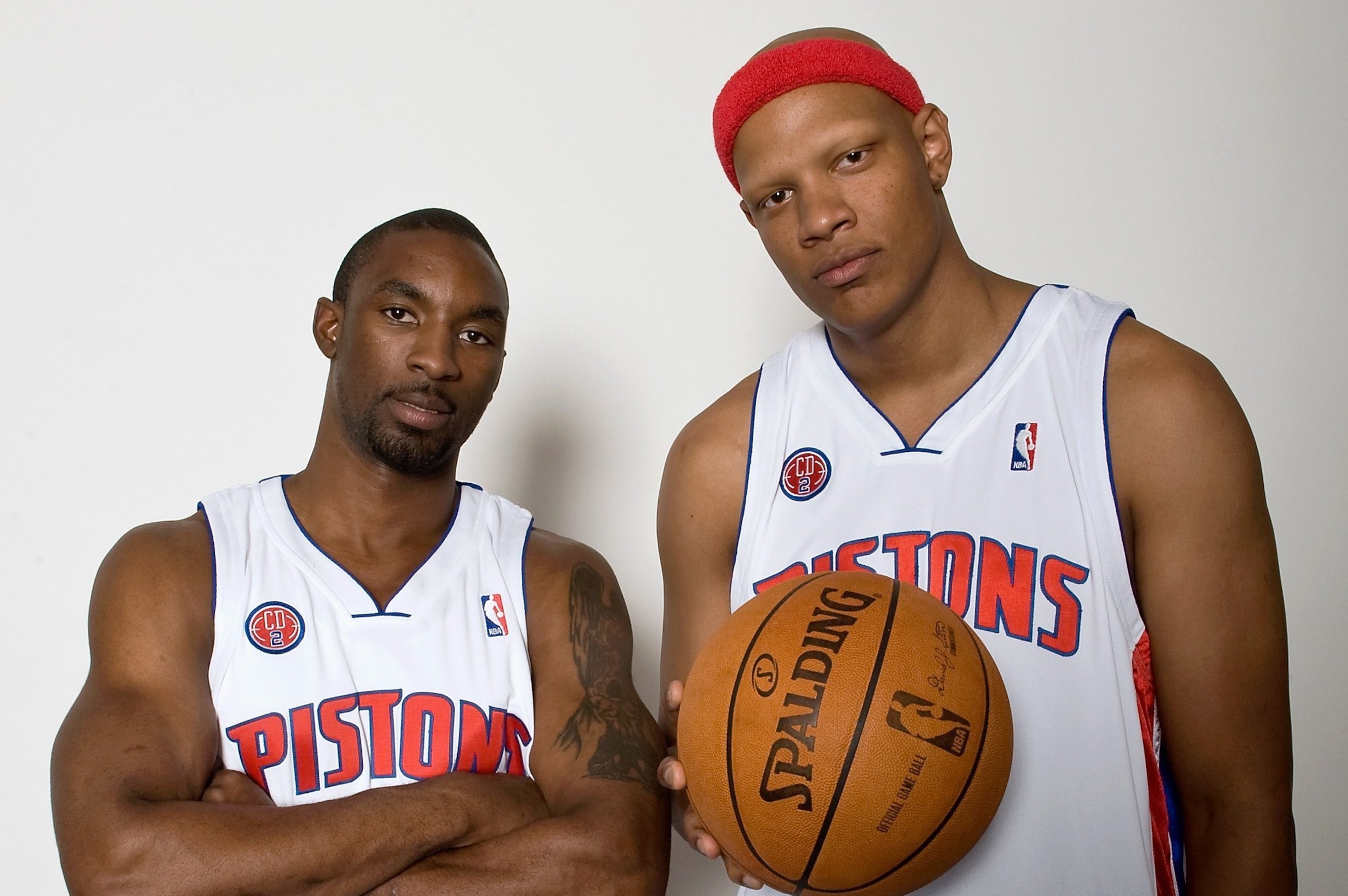 AUBURN HILLS, MI - JULY 8:  (L-R) Ben Gordon #7 and Charlie Villanueva #31 of the Detroit Pistons pose in their new jerseys at the Palace of Auburn Hills July 8, 2009 in Auburn Hills, Michigan. NOTE TO USER: User expressly acknowledges and agrees that, by