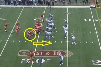 Davis is lined up on the left, preparing to find a seam in the Cowboys defense.