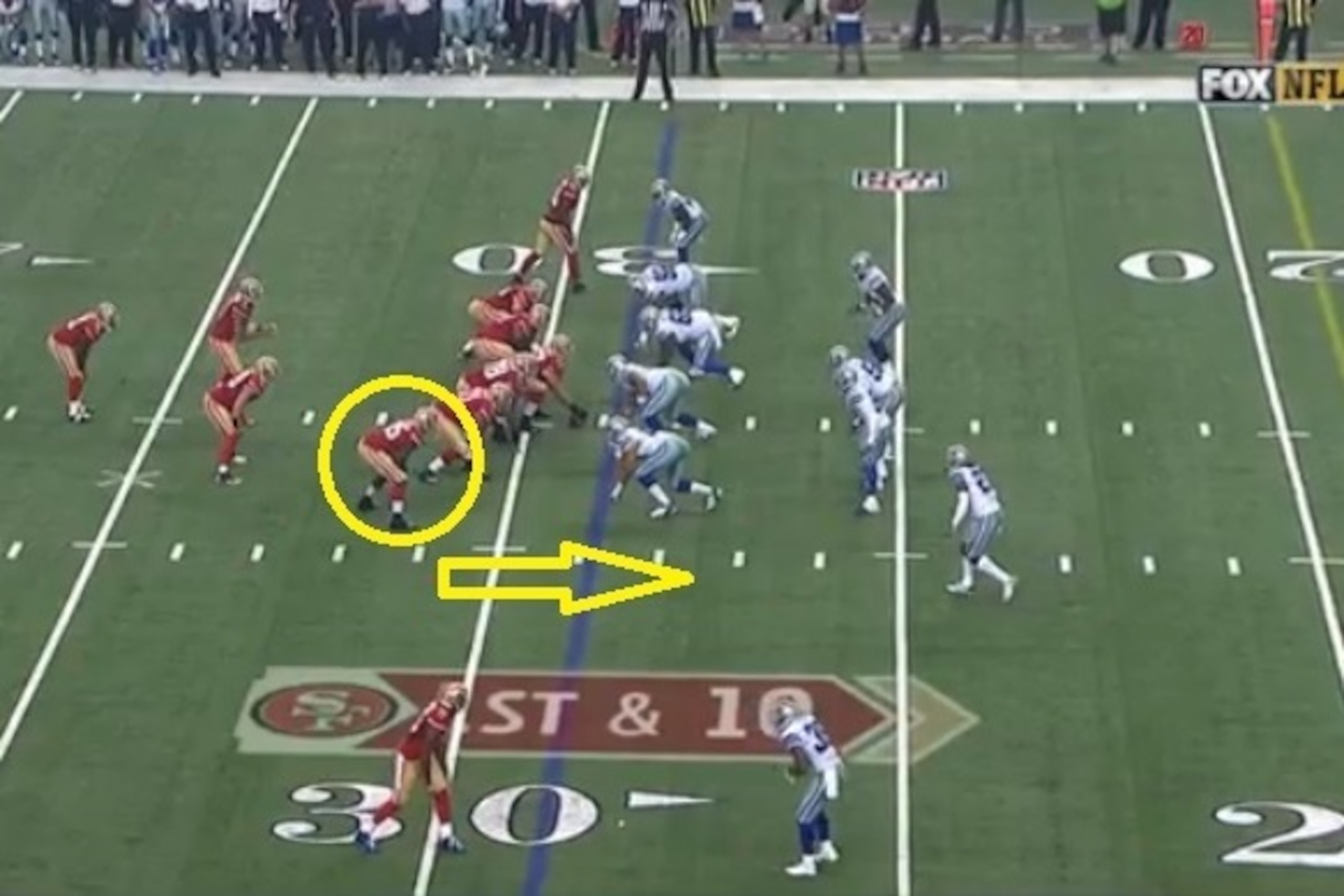 Davis is lined up on the left, preparing to find a seam in the Cowboys defense.