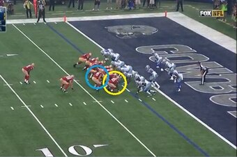 The 49ers stack the right side of the line with Davis (yellow) and Vance McDonald (blue).