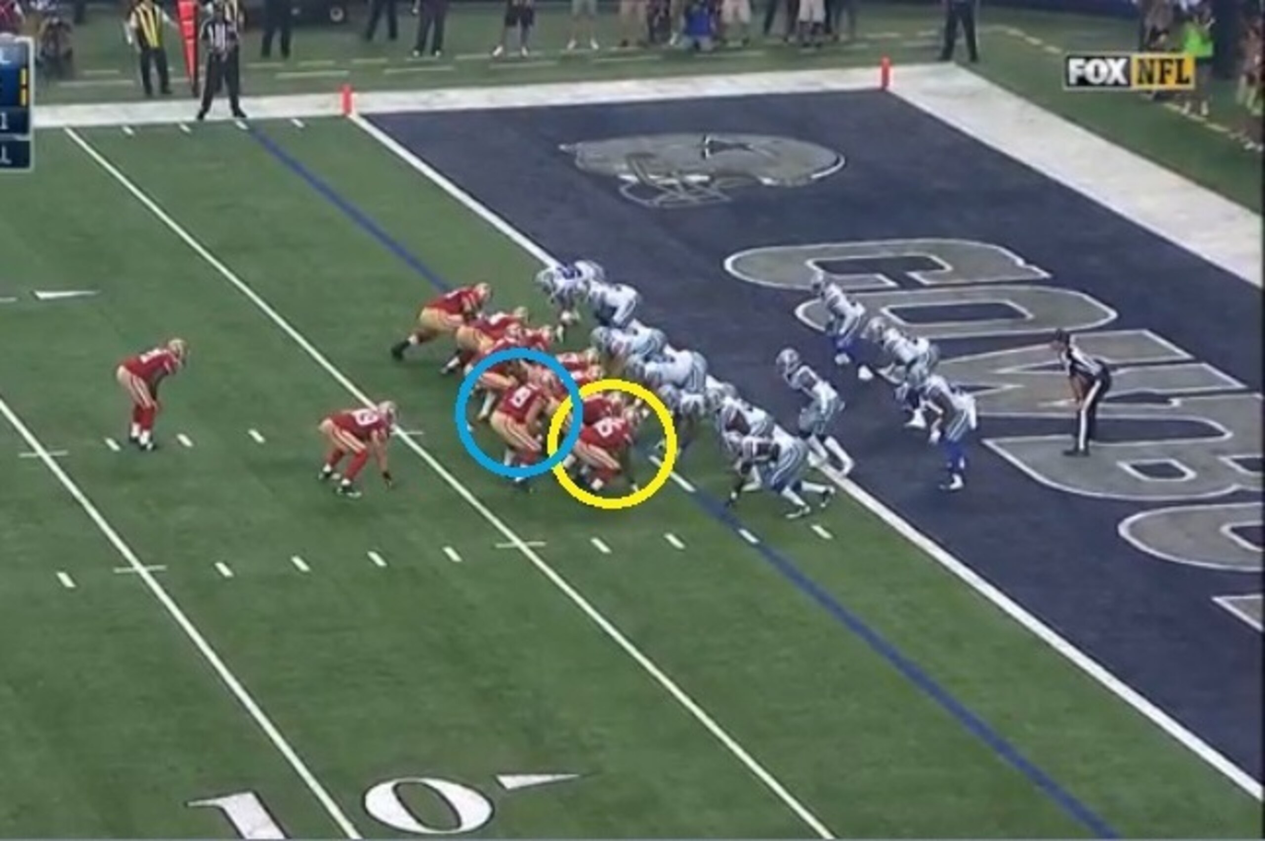 The 49ers stack the right side of the line with Davis (yellow) and Vance McDonald (blue).