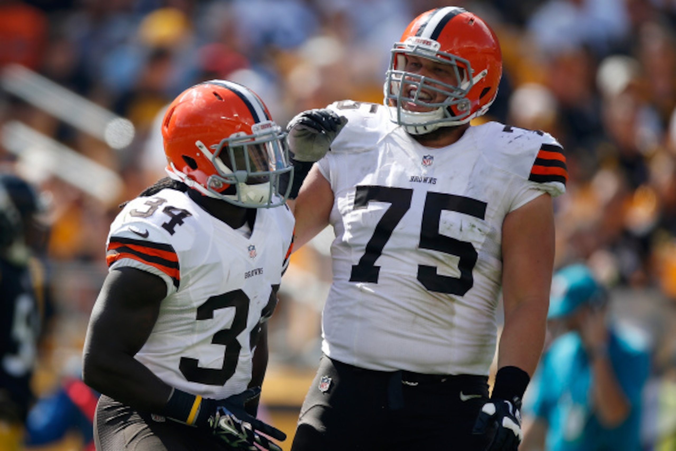 PITTSBURGH, PA - SEPTEMBER 7:  Isaiah Crowell #34 of the Cleveland Browns celebrates his touchdown with Joel Bitonio #75 during the third quarter against the Pittsburgh Steelers at Heinz Field on September 7, 2014 in Pittsburgh, Pennsylvania.  (Photo by G