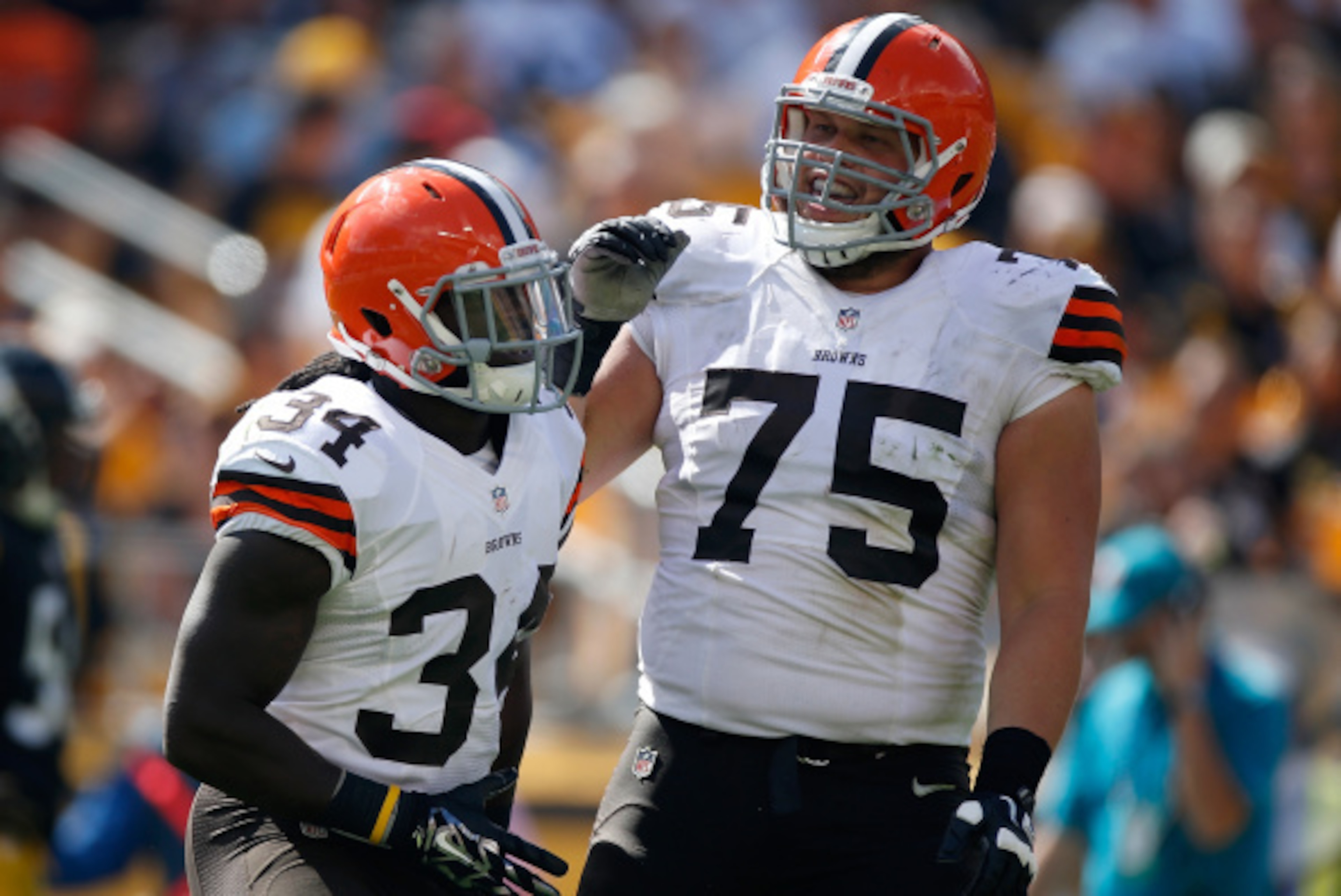 PITTSBURGH, PA - SEPTEMBER 7:  Isaiah Crowell #34 of the Cleveland Browns celebrates his touchdown with Joel Bitonio #75 during the third quarter against the Pittsburgh Steelers at Heinz Field on September 7, 2014 in Pittsburgh, Pennsylvania.  (Photo by G