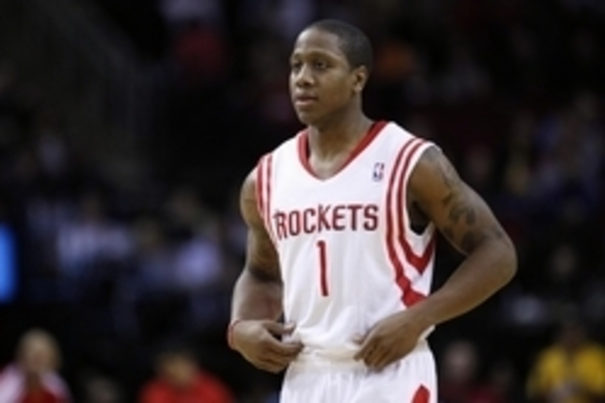 Jan 8, 2014; Houston, TX, USA; Houston Rockets point guard Isaiah Canaan (1) enters the game during the fourth quarter against the Los Angeles Lakers at Toyota Center. Mandatory Credit: Andrew Richardson-USA TODAY Sports