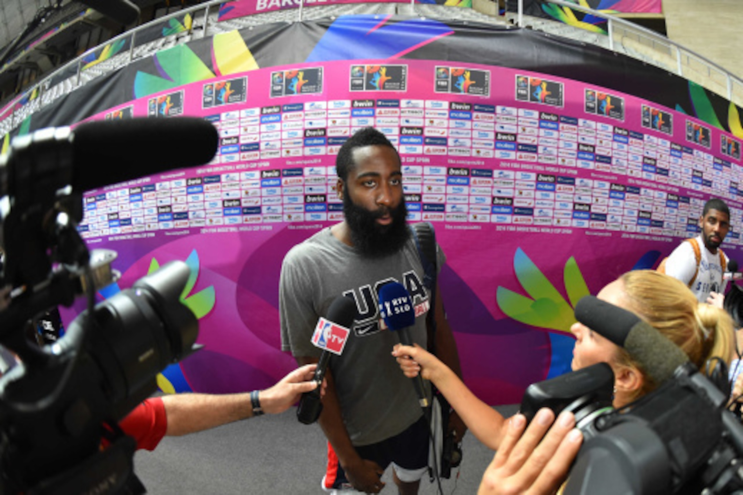 BARCELONA, SPAIN - SEPTEMBER 8:  James Harden of the USA Basketball Men's National Team speaks to the media after practice at Palau Sant Jordi on September 8, 2014 in Barcelona, Spain.  NOTE TO USER: User expressly acknowledges and agrees that, by downloa