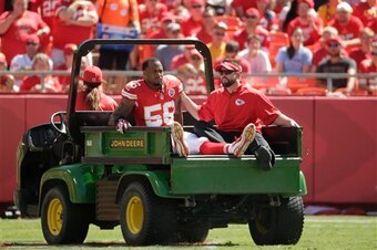 Veteran Kansas City Chiefs linebacker Derrick Johnson, seen above, suffered an Achilles tendon tear on Sunday. His teammate, Mike DeVito, went down soon thereafter.