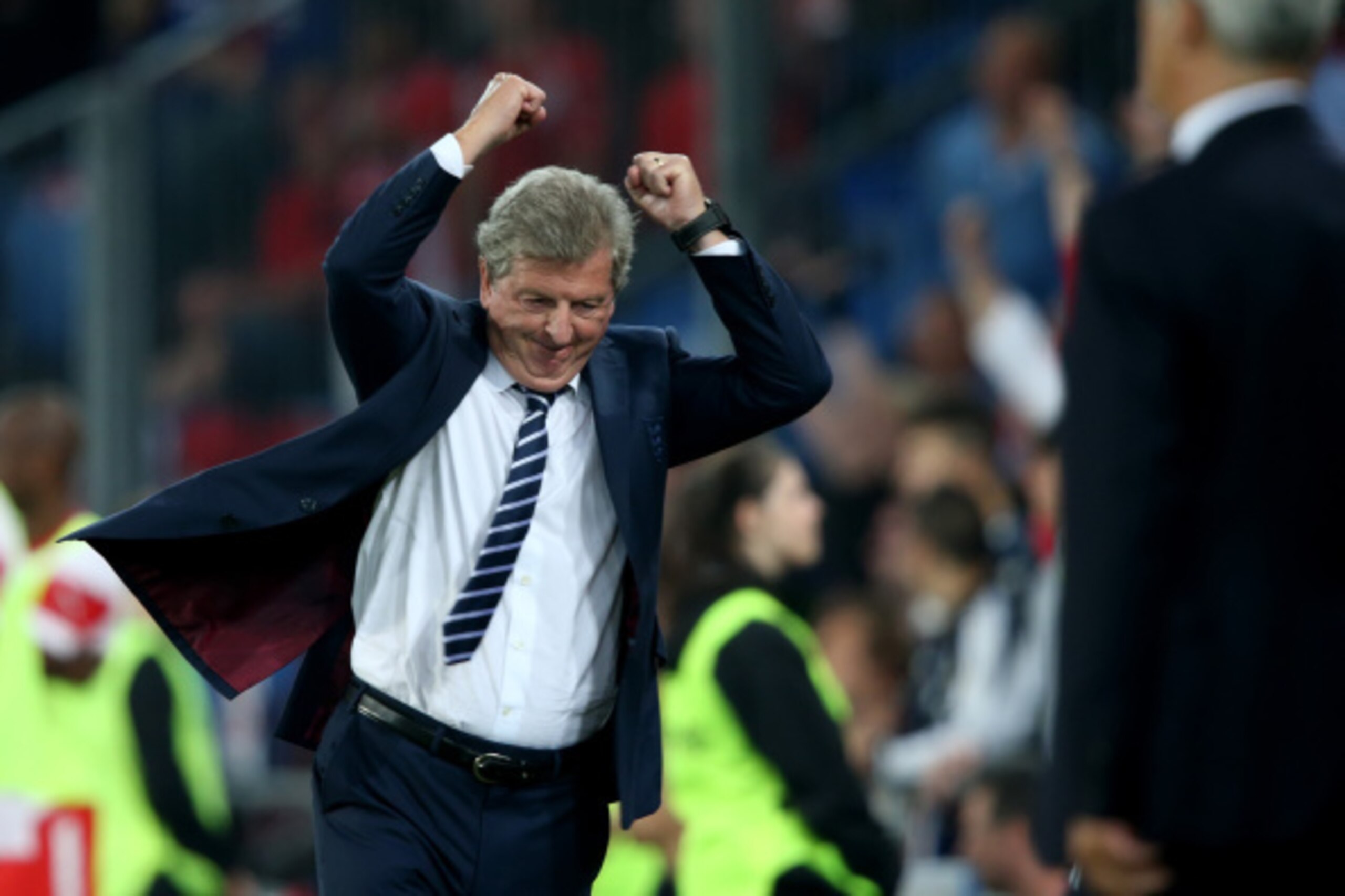 BASEL, SWITZERLAND - SEPTEMBER 08: Coach Roy Hodgson of England celebrates a scored goal during the EURO 2016 Qualifier match between Switzerland and England on September 8, 2014 in Basel, Switzerland. (Photo by Philipp Schmidli/Getty Images)