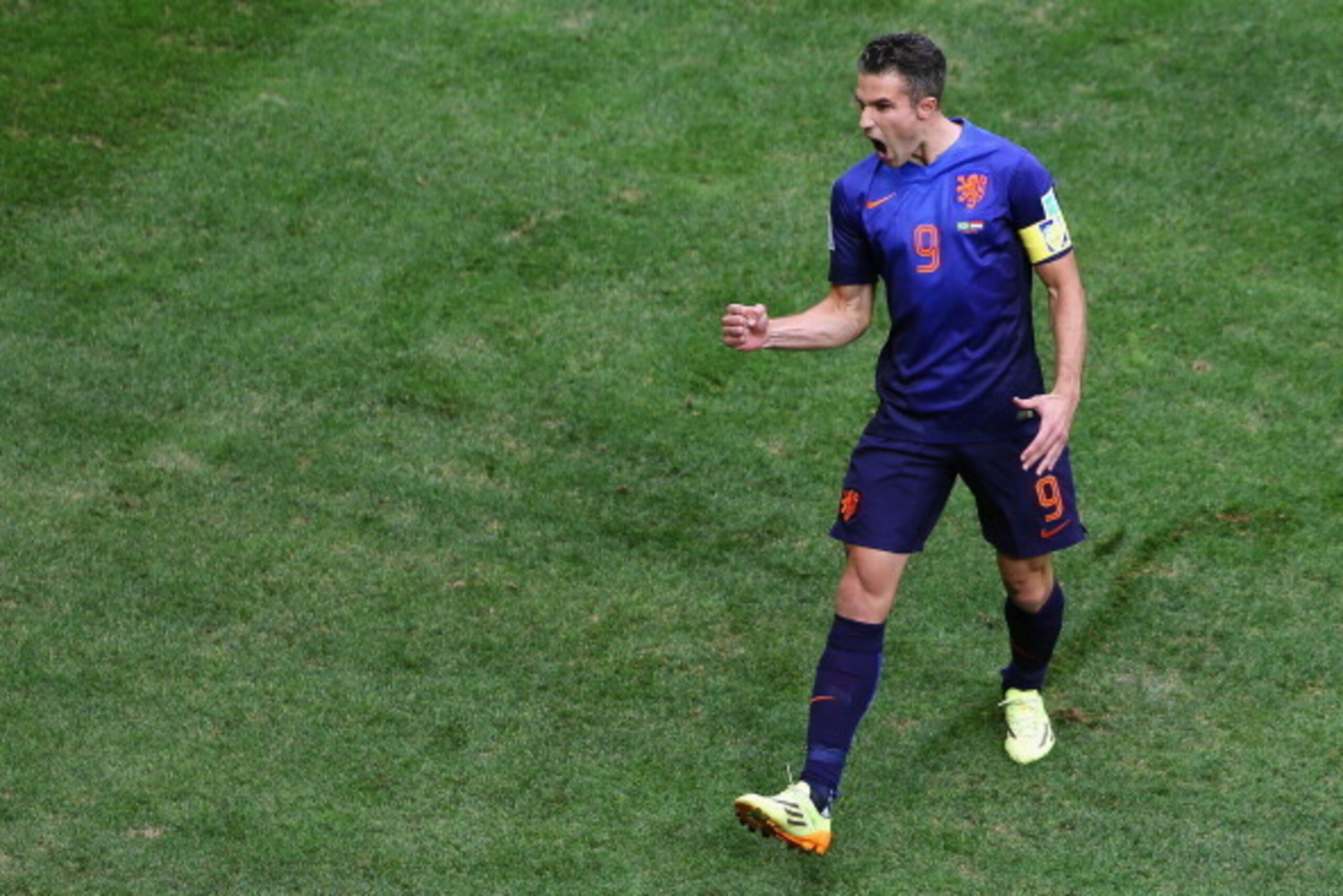BRASILIA, BRAZIL - JULY 12: Robin van Persie of the Netherlands celebrates scoring his team's first goal on a penalty kick during the 2014 FIFA World Cup Brazil Third Place Playoff match between Brazil and the Netherlands at Estadio Nacional on July 12, 2