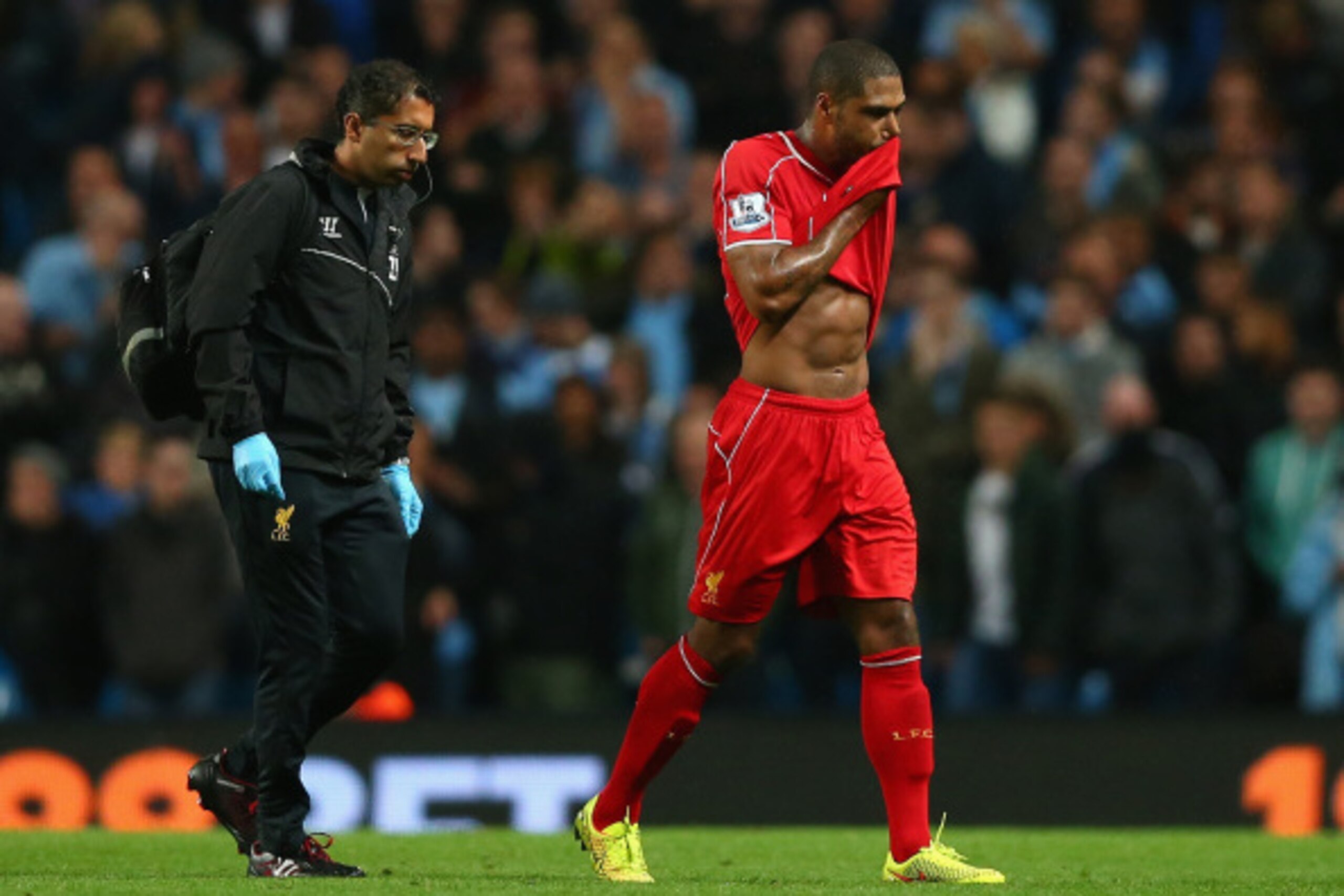 MANCHESTER, ENGLAND - AUGUST 25:   Glen Johnson of Liverpool walks off during the Barclays Premier League match between Manchester City and Liverpool at the Etihad Stadium on August 25, 2014 in Manchester, England.  (Photo by Clive Brunskill/Getty Images)
