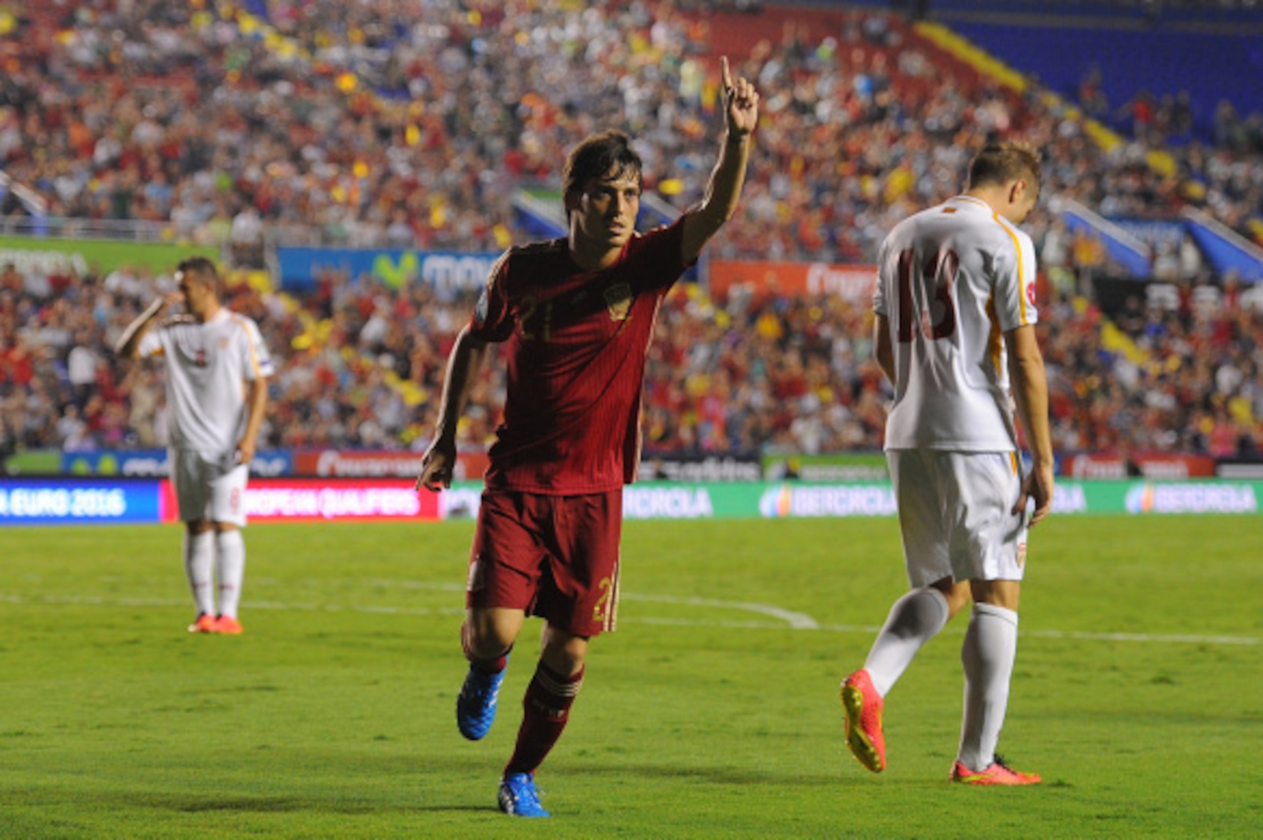VALENCIA, SPAIN - SEPTEMBER 08: David Silva of Spain celebrates after scoring Spain's 4th goal during the UEFA EURO 2016 Group C Qualifier between Spain and FYR of Macedonia at Estadio Ciutat de Valencia on September 8, 2014 in Valencia, Spain.  (Photo by