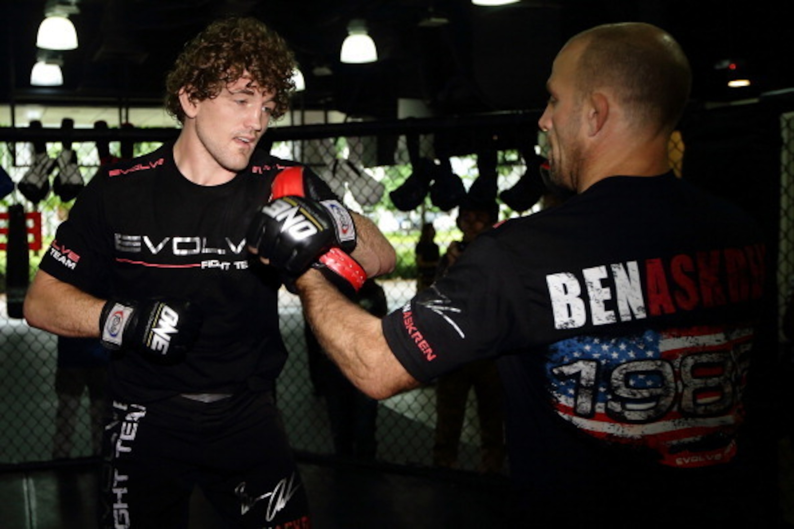SINGAPORE - MAY 16:  Ben Askren (L) in action during a ONE FC media workout at Far East Square on May 16, 2014 in Singapore. Ben Askren will make his ONE FC debut on May 30,2014 at ONE FC: HONOR & GLORY in Singapore.  (Photo by Suhaimi Abdullah/Getty Imag