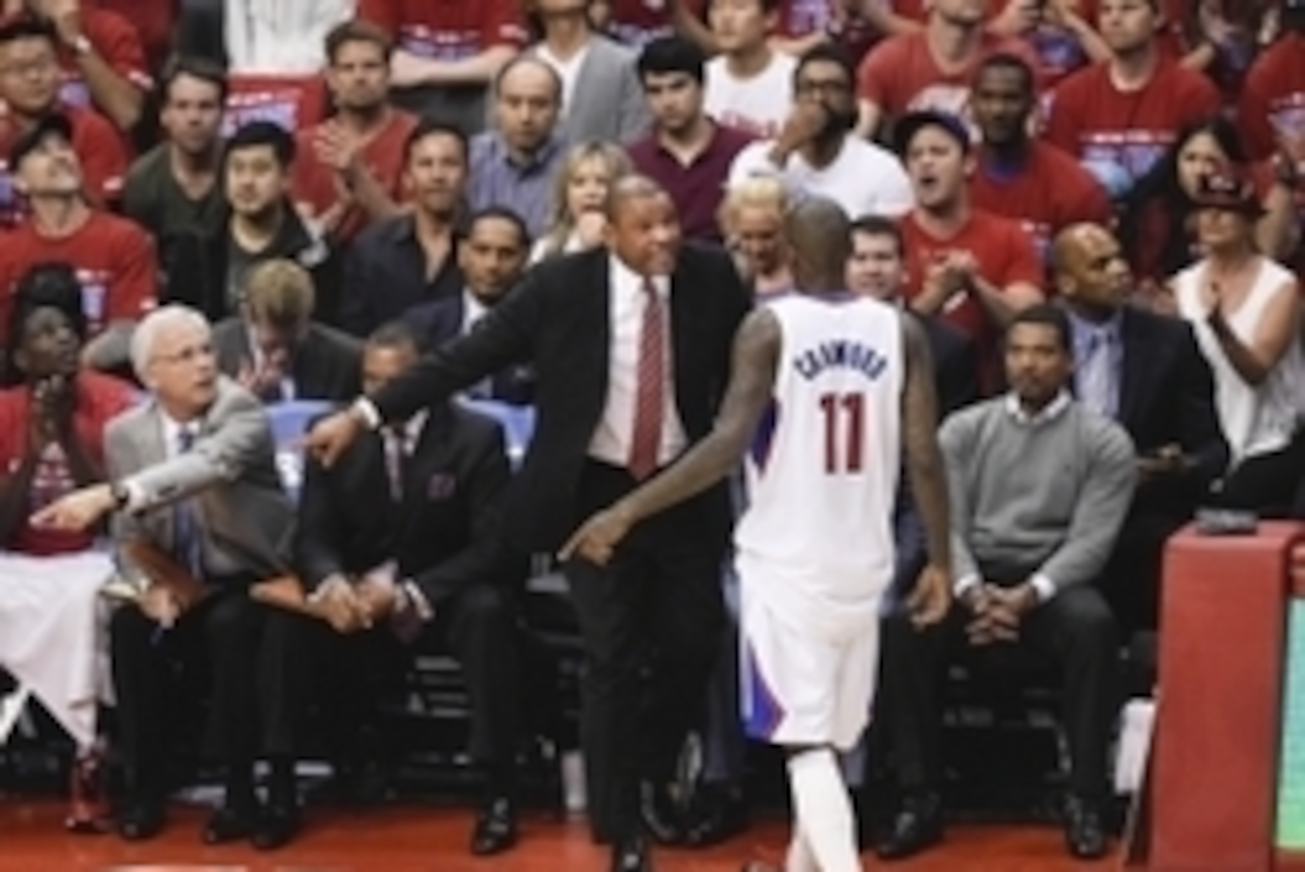 May 3, 2014; Los Angeles, CA, USA; Los Angeles Clippers head coach Doc Rivers talk with guard Jamal Crawford (11) during the game against the Golden State Warriors during the second quarter in game seven of the first round of the 2014 NBA Playoffs at Stap