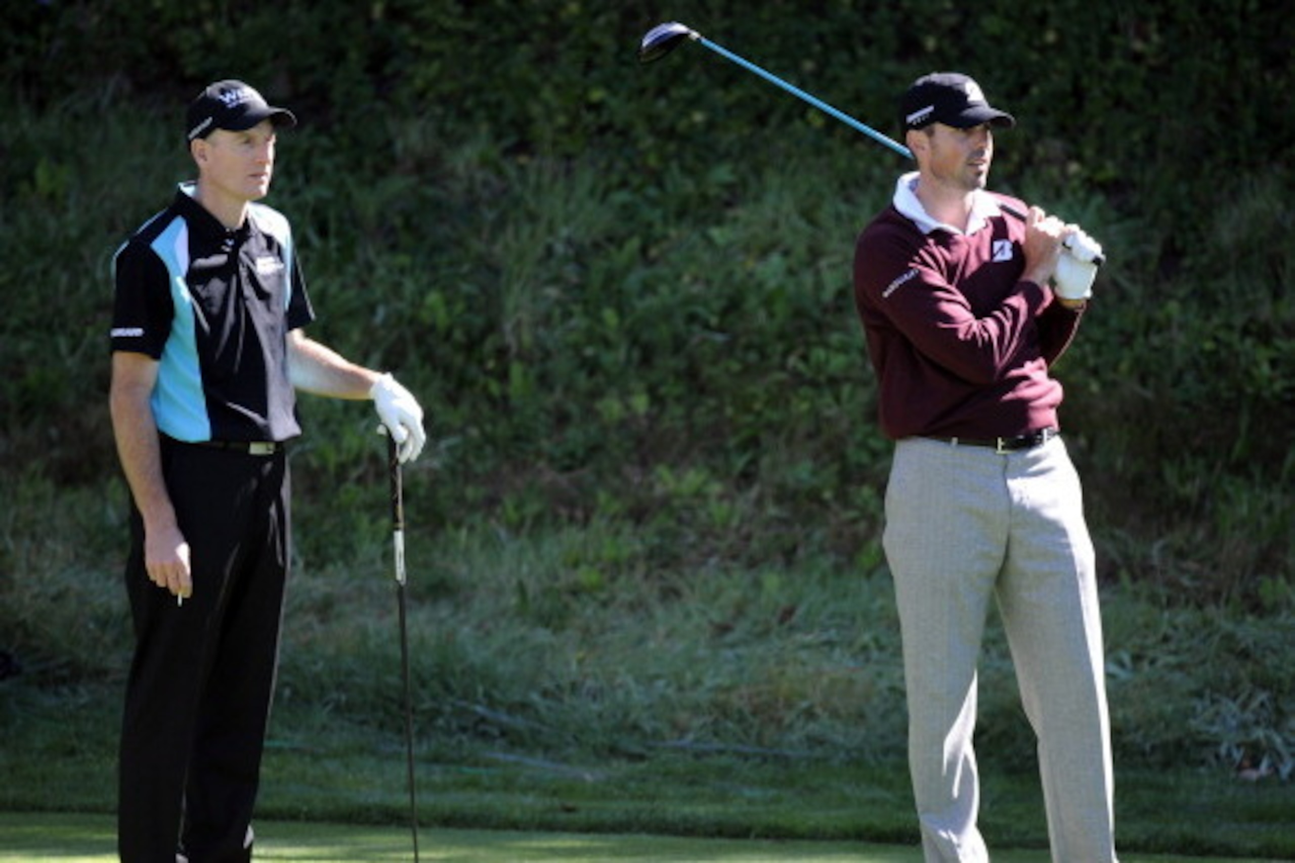 PACIFIC PALISADES, CA - FEBRUARY 17:  Jim Furyk and Matt Kuchar on the 13th tee box during the first round of the Northern Trust Open at the Riviera Country Club on February 17, 2011 in Pacific Palisades, California.  (Photo by Harry How/Getty Images)