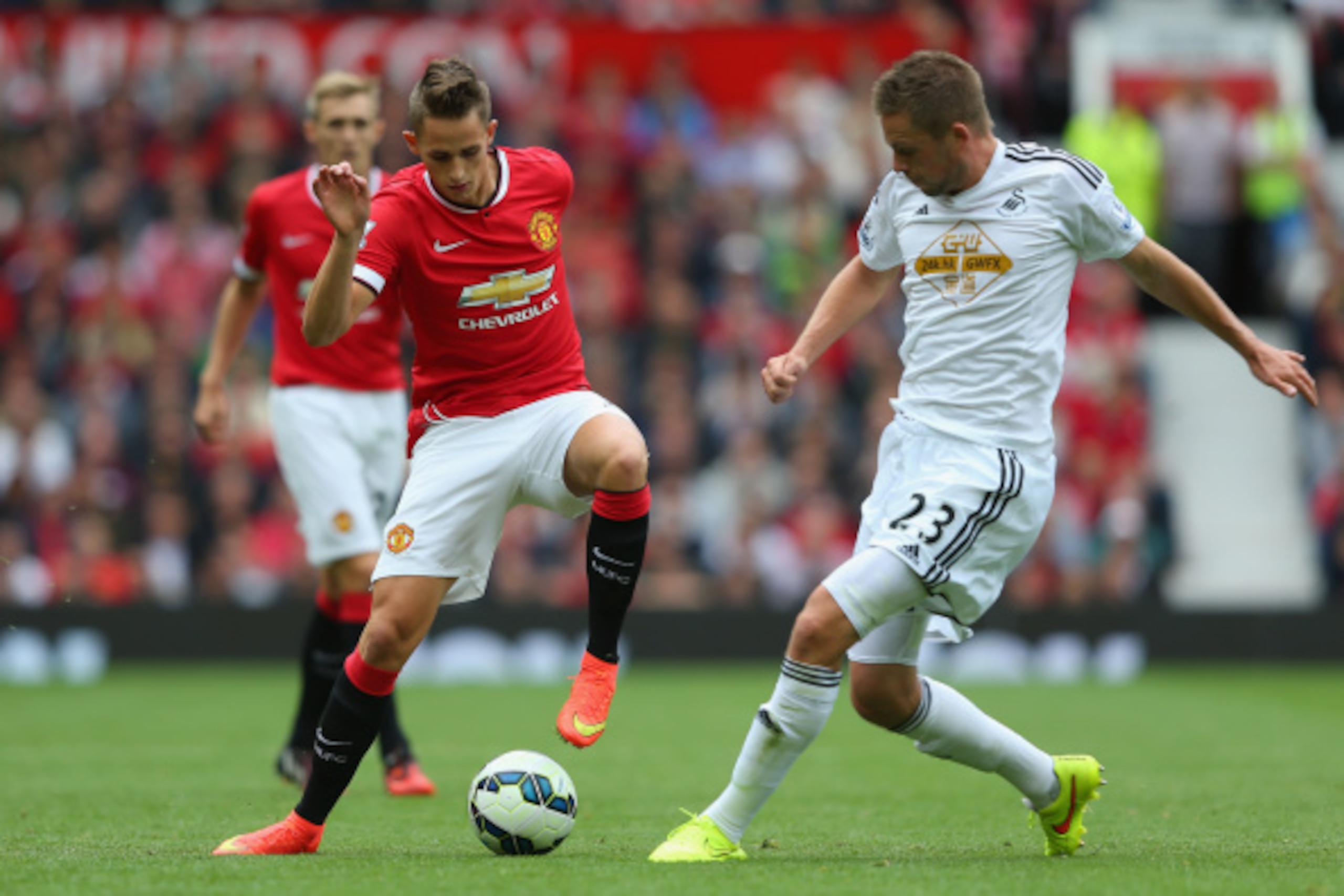 MANCHESTER, ENGLAND - AUGUST 16:  Adnan Januzaj of Manchester United competes with Gylfi Sigurdsson of Swansea City during the Barclays Premier League match between Manchester United and Swansea City at Old Trafford on August 16, 2014 in Manchester, Engla