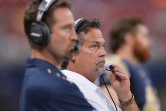 ST. LOUIS, MO - SEPTEMBER 7:  Head Coach Jeff Fisher of the St. Louis Rams watches from the sidelines at a game between the St. Louis Rams and the Minnesota Vikings at the Edward Jones Dome on September 7, 2014 in St. Louis, Missouri. The Vikings defeated
