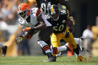 PITTSBURGH, PA - SEPTEMBER 7:  Andrew Hawkins #16 of the Cleveland Browns carries the ball in front of Ryan Shazier #50 of the Pittsburgh Steelers during the third quarter at Heinz Field on September 7, 2014 in Pittsburgh, Pennsylvania.  (Photo by Gregory