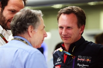 SAKHIR, BAHRAIN - APRIL 05:  F.I.A. President Jean Todt (L) talks with Infiniti Red Bull Racing Team Principal Christian Horner (R) during the final practice session prior to qualifying for the Bahrain Formula One Grand Prix at the Bahrain International C