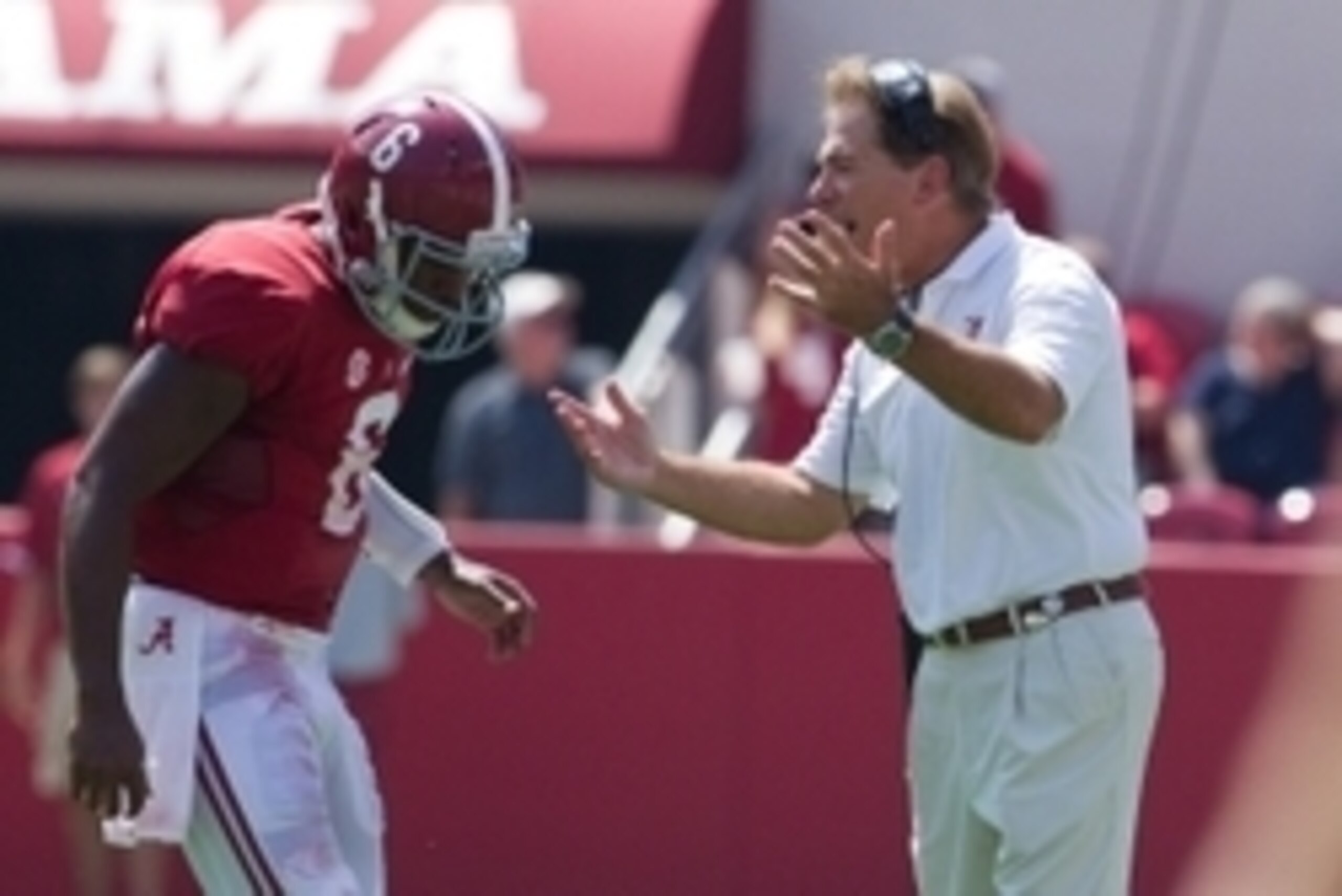 Sep 6, 2014; Tuscaloosa, AL, USA; Alabama Crimson Tide Head Coach Nick Saban talks to quarterback Blake Sims (6) during the game against the Florida Atlantic Owls at Bryant-Denny Stadium. Mandatory Credit: Marvin Gentry-USA TODAY Sports