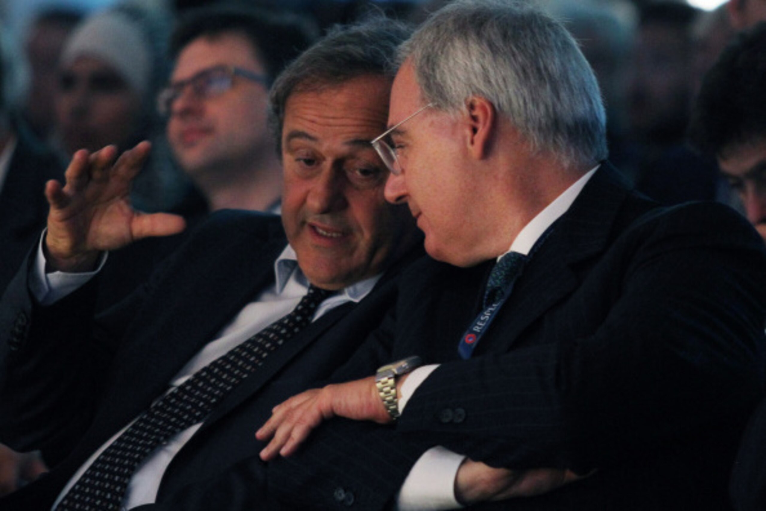ROME, ITALY - SEPTEMBER 10: (L-R) UEFA President Michel Platini and Maurizio Beretta President of Lega Serie A attend a UEFA Conference 'Respect Diversity' on September 10, 2014 in Rome, Italy.  (Photo by Paolo Bruno/Getty Images)