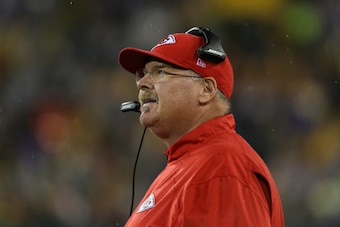 GREEN BAY, WI - AUGUST 28: Head Coach Andy Reid of the Kansas City Chiefs looks on during the preseason game against the Green Bay Packers on August 28, 2014 at Lambeau Field in Green Bay, Wisconsin. (Photo by John Konstantaras/Getty Images)
