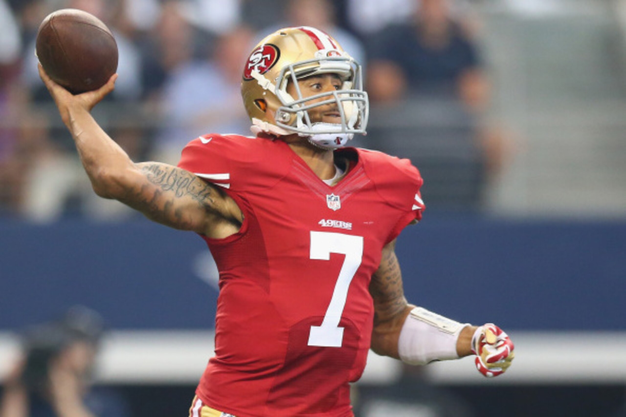 ARLINGTON, TX - SEPTEMBER 07: Colin Kaepernick #7 of the San Francisco 49ers throws against the Dallas Cowboys in the second quarter at AT&T Stadium on September 7, 2014 in Arlington, Texas. (Photo by Ronald Martinez/Getty Images) ARLINGTON, TX - SEPTEMBER 07: Colin Kaepernick #7 of the San Francisco 49ers throws against the Dallas Cowboys in the second quarter at AT&T Stadium on September 7, 2014 in Arlington, Texas. (Photo by Ronald Martinez/Getty Images)