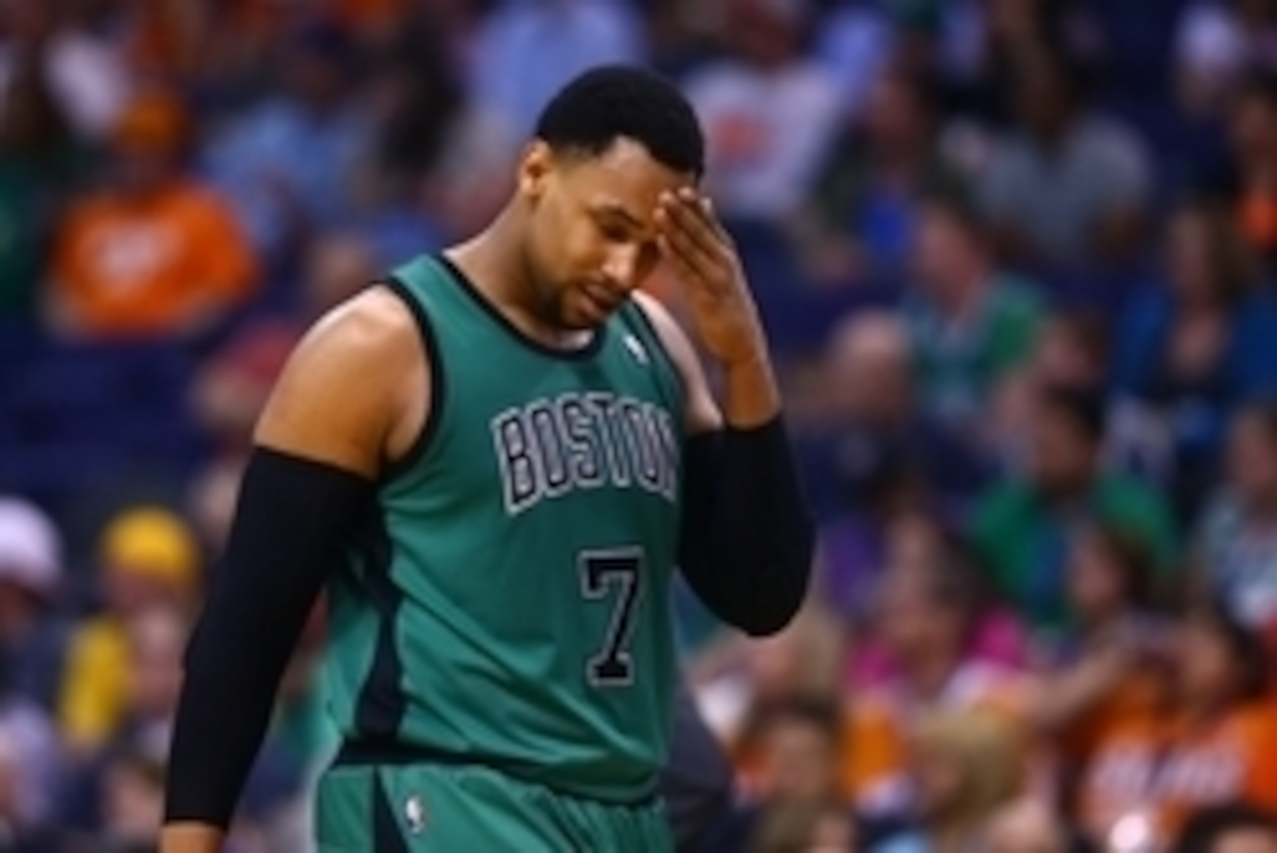 Feb 19, 2014; Phoenix, AZ, USA; Boston Celtics center Jared Sullinger (7) reacts  against the Phoenix Suns at US Airways Center. The Suns defeated the Celtics 100-94. Mandatory Credit: Mark J. Rebilas-USA TODAY Sports