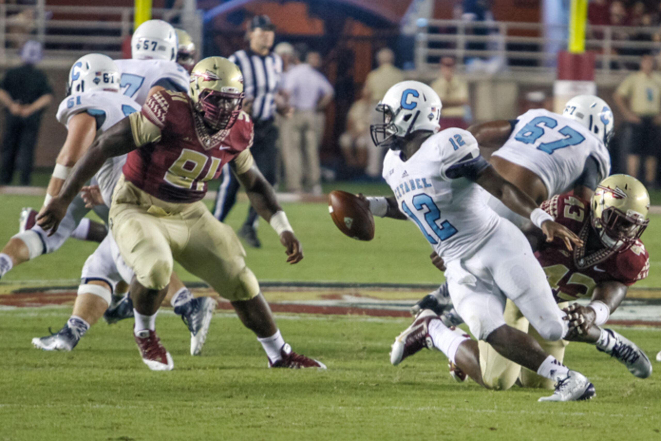Derrick Nnadi (91) had three tackles vs. The Citadel and has seen the most playing time of FSU's true freshman defensive tackles. Derrick Nnadi (91) had three tackles vs. The Citadel and has seen the most playing time of FSU's true freshman defensive tackles.