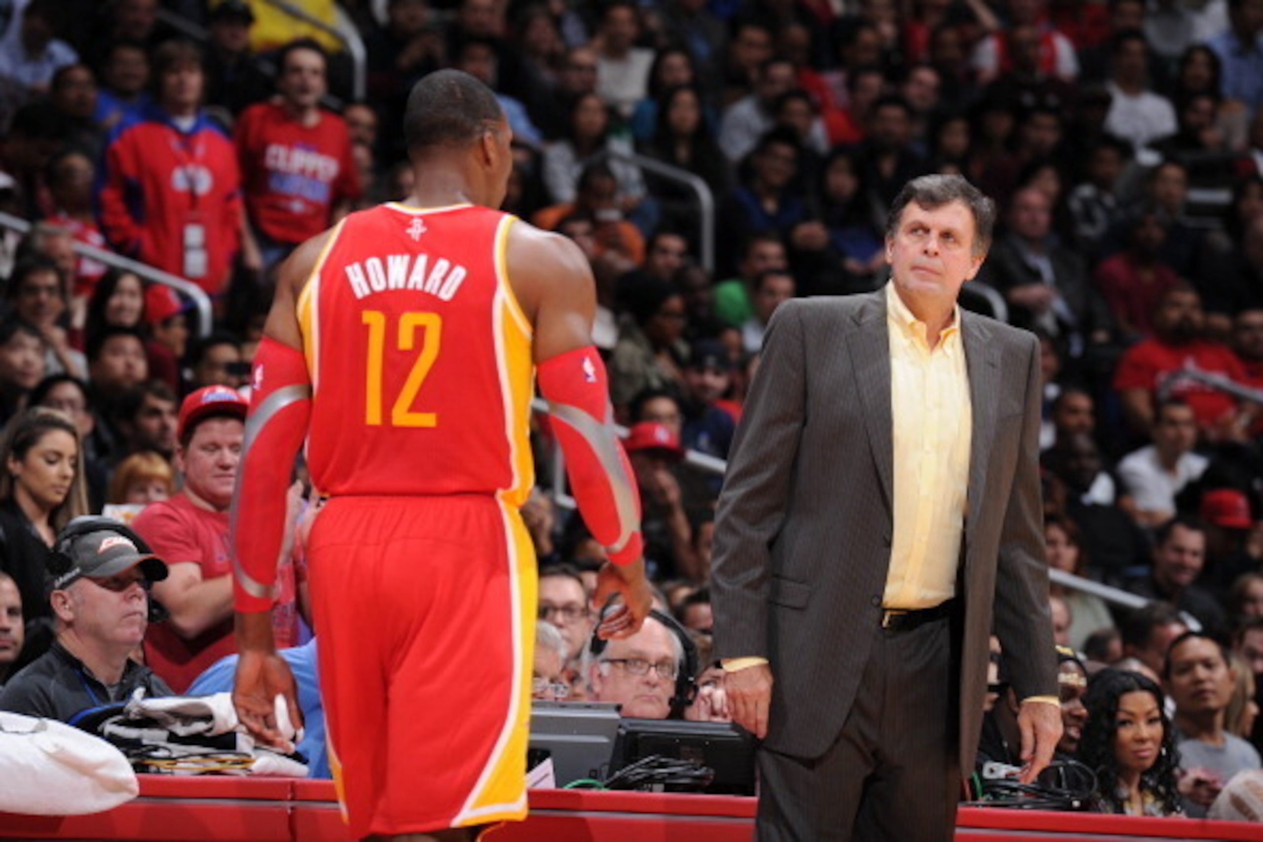 LOS ANGELES, CA - NOVEMBER 4: Dwight Howard #12 of the Houston Rockets walks towards the bench as Head Coach Kevin McHale looks on against the Los Angeles Clippers at Staples Center on November 4, 2013 in Los Angeles, California. NOTE TO USER: User expres