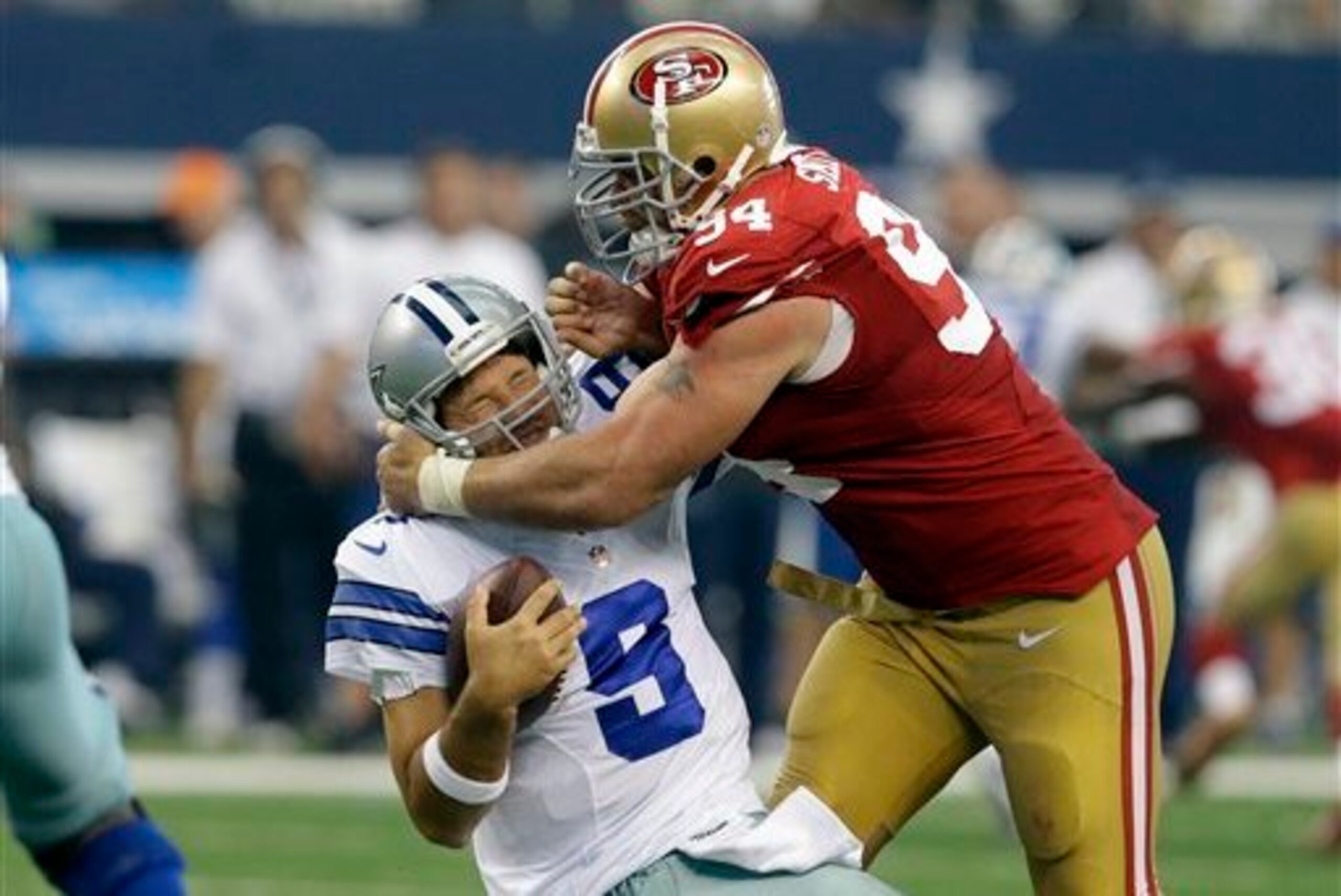 Defensive end Justin Smith got to quarterback Tony Romo twice in Week 1.