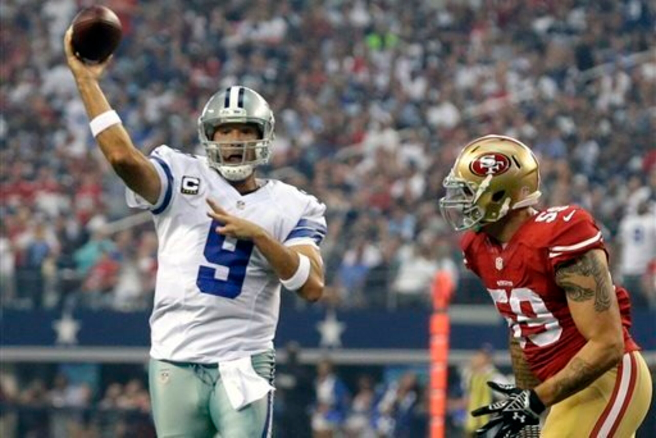 Rookie Aaron Lynch was able to put good pressure on Romo in Week 1.