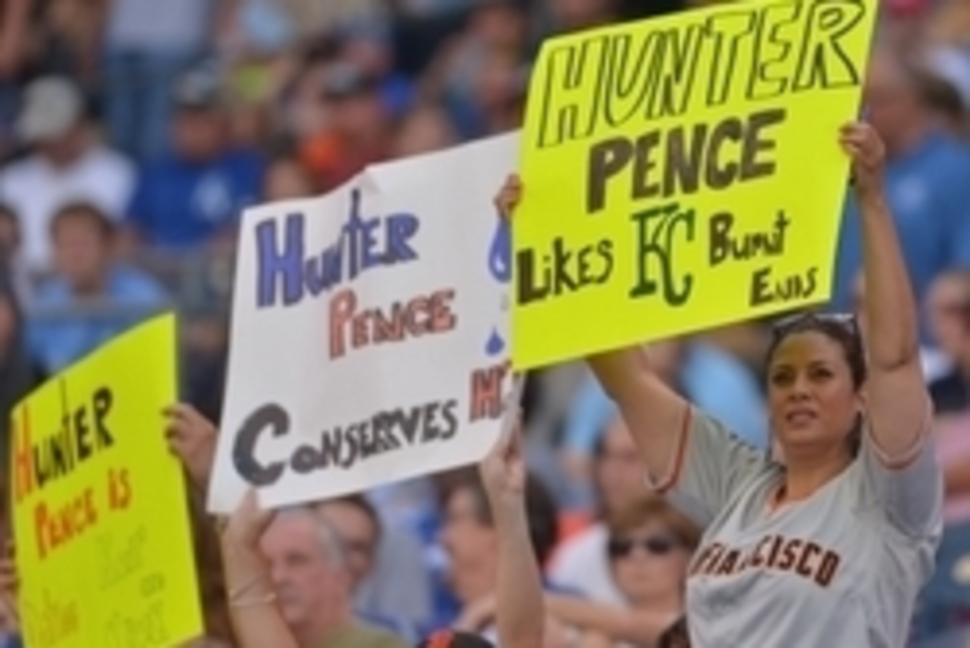 Aug 9, 2014; Kansas City, MO, USA; San Francisco Giants right fielder Hunter Pence (8) fans hold up troll signs during the game against the Kansas City Royals at Kauffman Stadium. The Royals won 5-0. Mandatory Credit: Denny Medley-USA TODAY Sports Aug 9, 2014; Kansas City, MO, USA; San Francisco Giants right fielder Hunter Pence (8) fans hold up troll signs during the game against the Kansas City Royals at Kauffman Stadium. The Royals won 5-0. Mandatory Credit: Denny Medley-USA TODAY Sports
