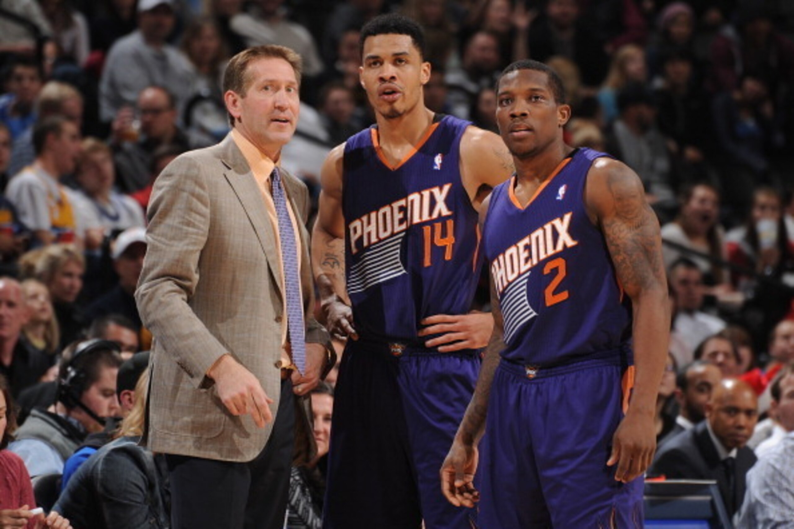 DENVER, CO - December 20:  Jeff Hornacek and Gerald Green #14 and Eric Bledsoe #2 of the Phoenix Suns talk against the Denver Nuggets on December 20, 2013 at the Pepsi Center in Denver, Colorado. NOTE TO USER: User expressly acknowledges and agrees that, 