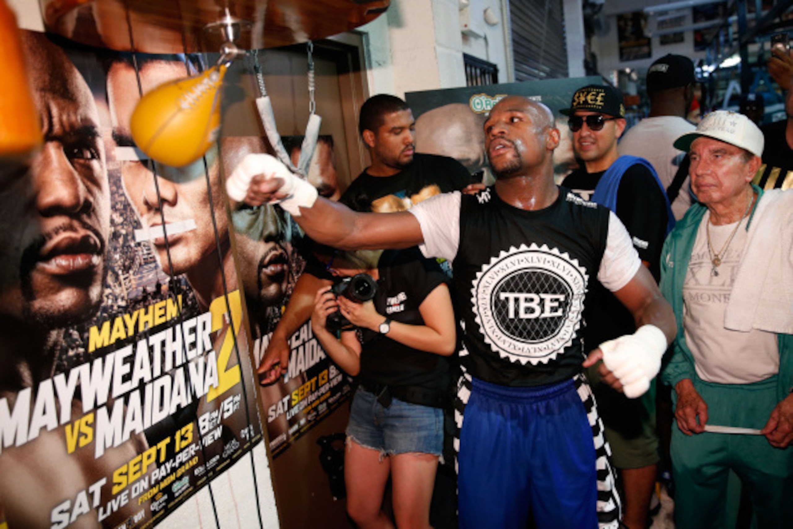 LAS VEGAS, NV - SEPTEMBER 02:  Boxer Floyd Mayweather Jr. works out at the Mayweather Boxing Club on September 2, 2014 in Las Vegas, Nevada. Mayweather Jr. will defend his WBC/WBA welterweight titles against Marcos Maidana on September 13 in Las Vegas.  (