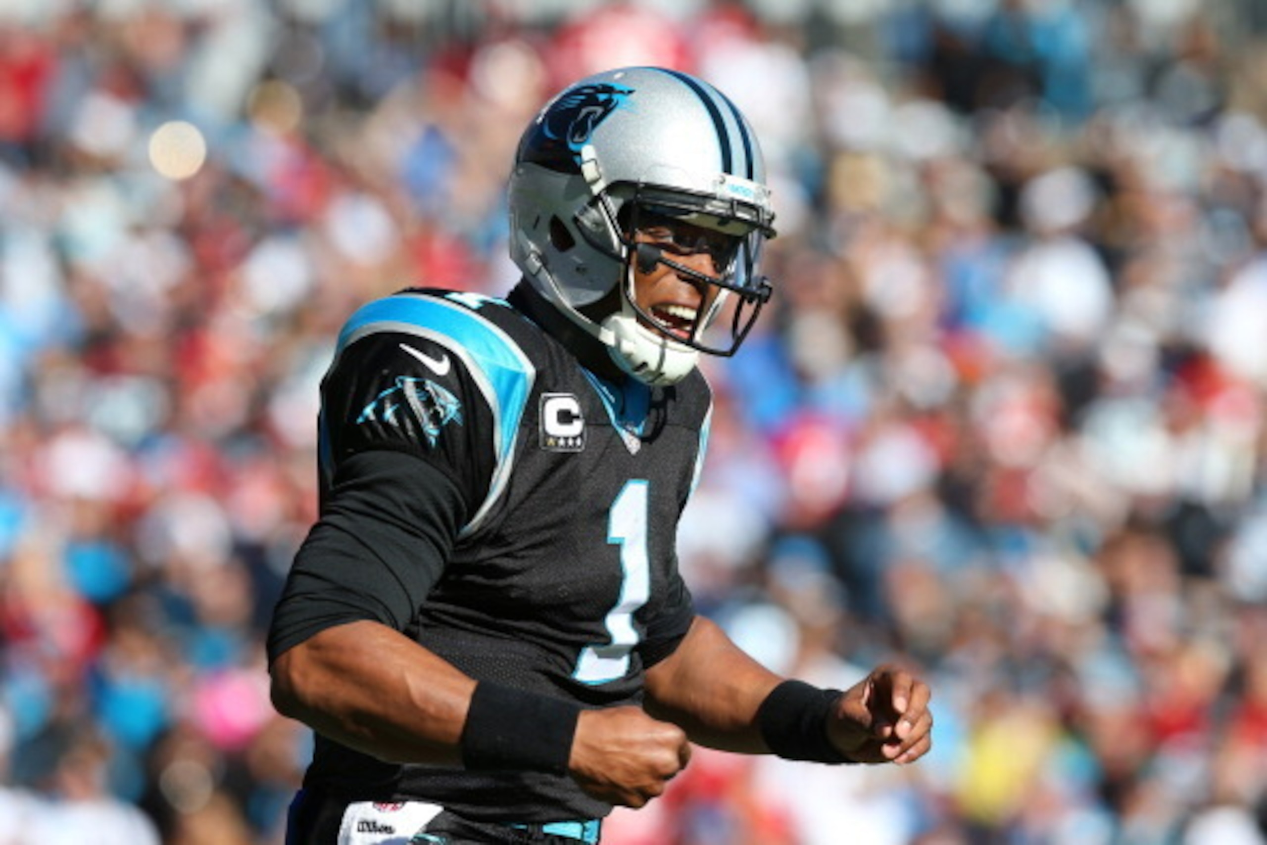 CHARLOTTE, NC - JANUARY 12: Cam Newton #1 of the Carolina Panthers reacts after a play against the San Francisco 49ers during the NFC Divisional Playoff Game at Bank of America Stadium on January 12, 2014 in Charlotte, North Carolina.  (Photo by Ronald Ma