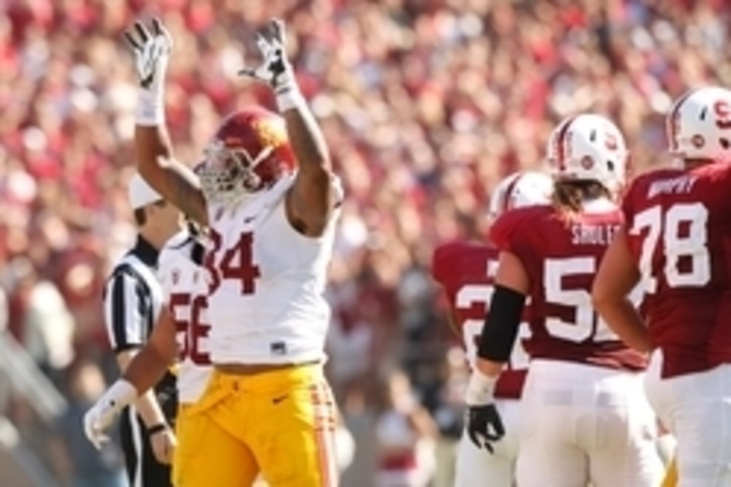 Sep 6, 2014; Stanford, CA, USA; USC Trojans defensive end Leonard Williams (94) reacts after the Trojans recovered a fumble against the Stanford Cardinal in the fourth quarter at Stanford Stadium. The Trojans defeated the Cardinal 13-10. Mandatory Credit: Sep 6, 2014; Stanford, CA, USA; USC Trojans defensive end Leonard Williams (94) reacts after the Trojans recovered a fumble against the Stanford Cardinal in the fourth quarter at Stanford Stadium. The Trojans defeated the Cardinal 13-10. Mandatory Credit: