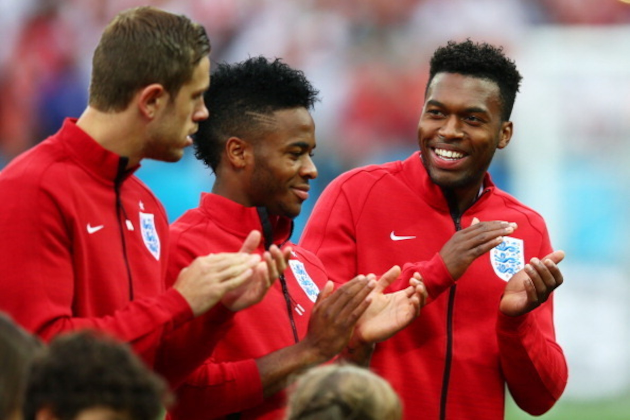 SAO PAULO, BRAZIL - JUNE 19: (L-R) Jordan Henderson, Raheem Sterling and Daniel Sturridge of England look on prior to the 2014 FIFA World Cup Brazil Group D match between Uruguay and England at Arena de Sao Paulo on June 19, 2014 in Sao Paulo, Brazil.  (P