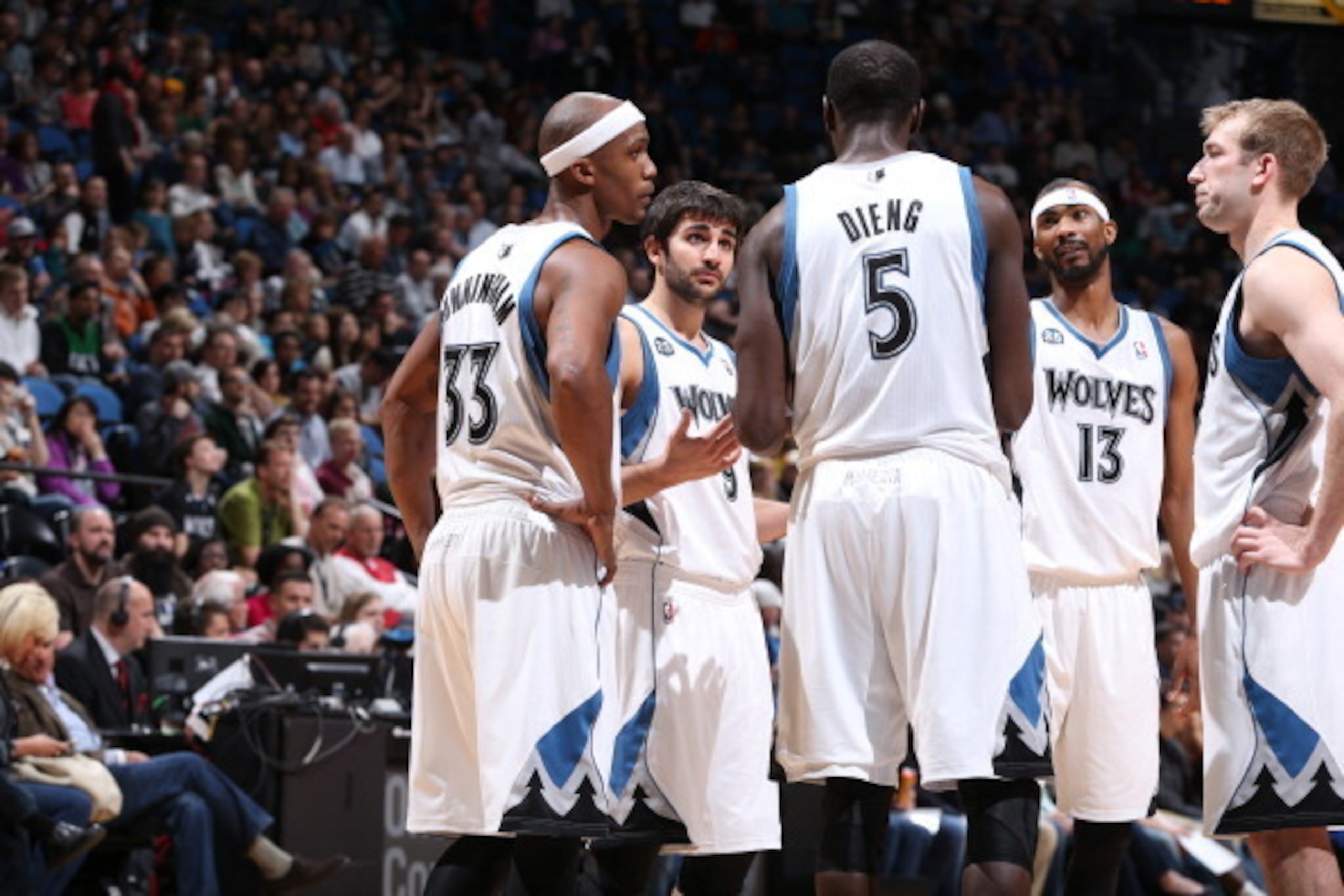 MINNEAPOLIS, MN - April 11: Teammates of the Minnesota Timberwolves including Dante Cunningham #33, Ricky Rubio #9, Gorgui Dieng #5, Corey Brewer #13 and Robbie Hummel #6 huddle on the court during the game against the Houston Rockets on April 11, 2014 at MINNEAPOLIS, MN - April 11: Teammates of the Minnesota Timberwolves including Dante Cunningham #33, Ricky Rubio #9, Gorgui Dieng #5, Corey Brewer #13 and Robbie Hummel #6 huddle on the court during the game against the Houston Rockets on April 11, 2014 at
