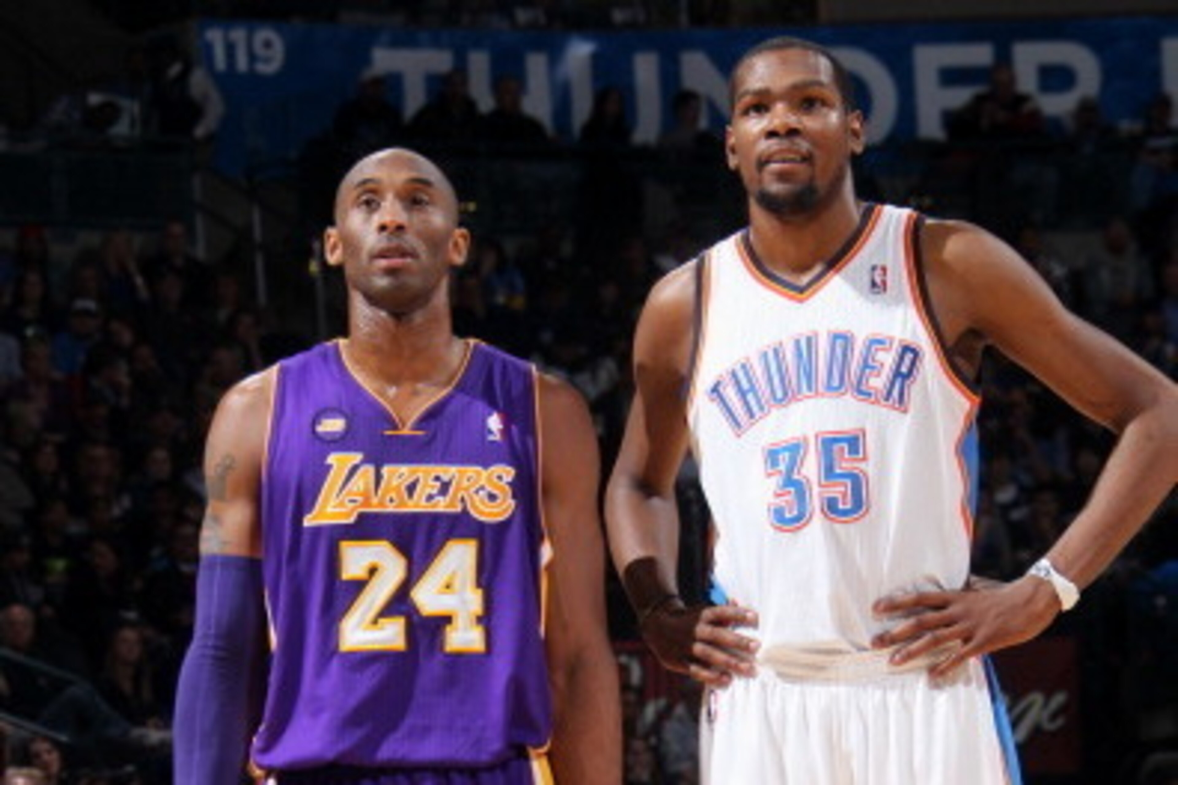 OKLAHOMA CITY, OK - March 05: Kobe Bryant #24 of the Los Angeles Lakers and Kevin Durant #35 of the Oklahoma City Thunder on March 05, 2013 at the Chesapeake Energy Arena in Oklahoma City, Oklahoma. NOTE TO USER: User expressly acknowledges and agrees th OKLAHOMA CITY, OK - March 05: Kobe Bryant #24 of the Los Angeles Lakers and Kevin Durant #35 of the Oklahoma City Thunder on March 05, 2013 at the Chesapeake Energy Arena in Oklahoma City, Oklahoma. NOTE TO USER: User expressly acknowledges and agrees th