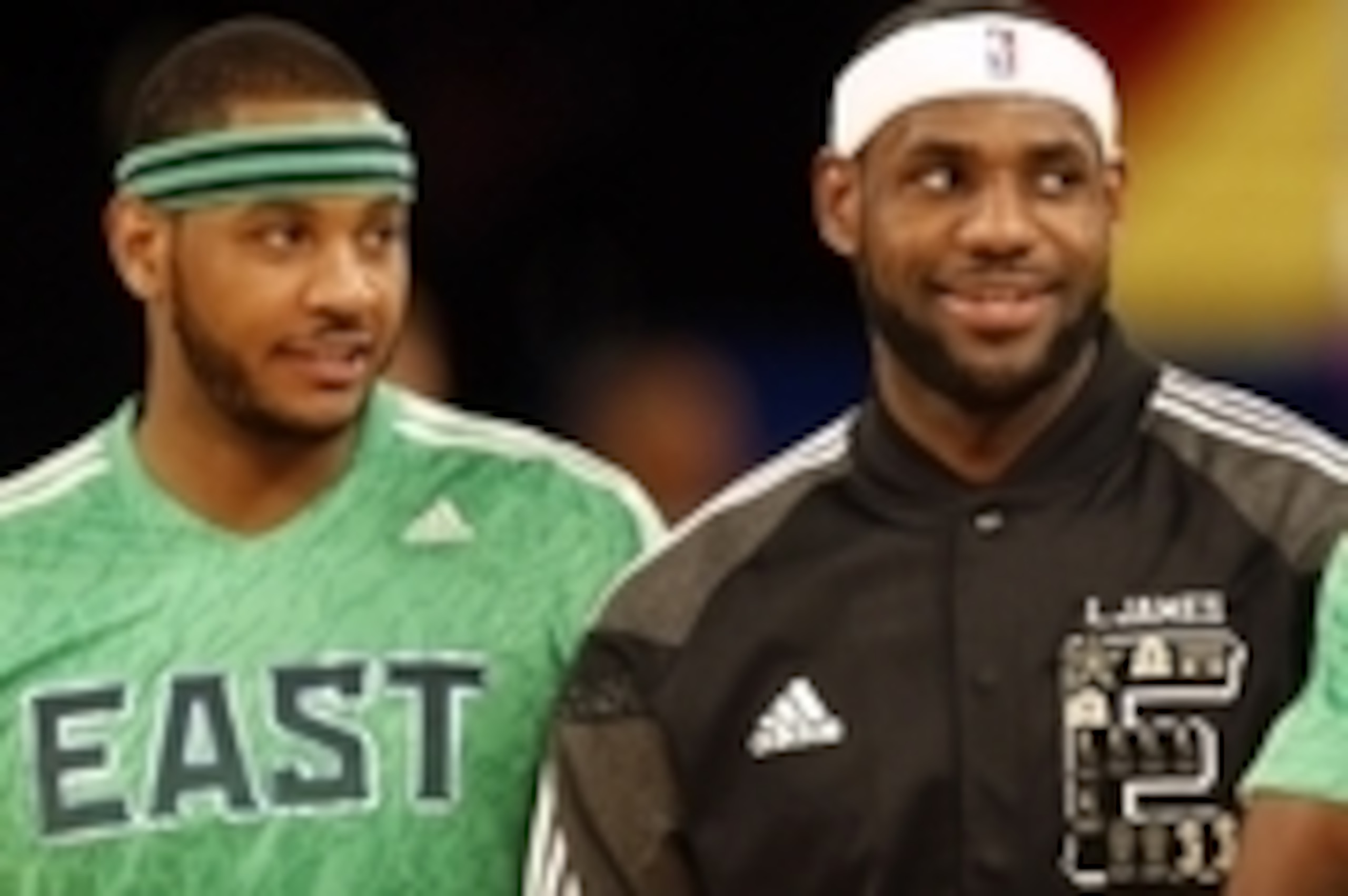 Feb 16, 2014; New Orleans, LA, USA; Eastern Conference forward Carmelo Anthony (7) of the New York Knicks,  forward LeBron James (6) of the Miami Heat and forward Chris Bosh (1) of the Miami Heat talk before the 2014 NBA All-Star Game at the Smoothie King