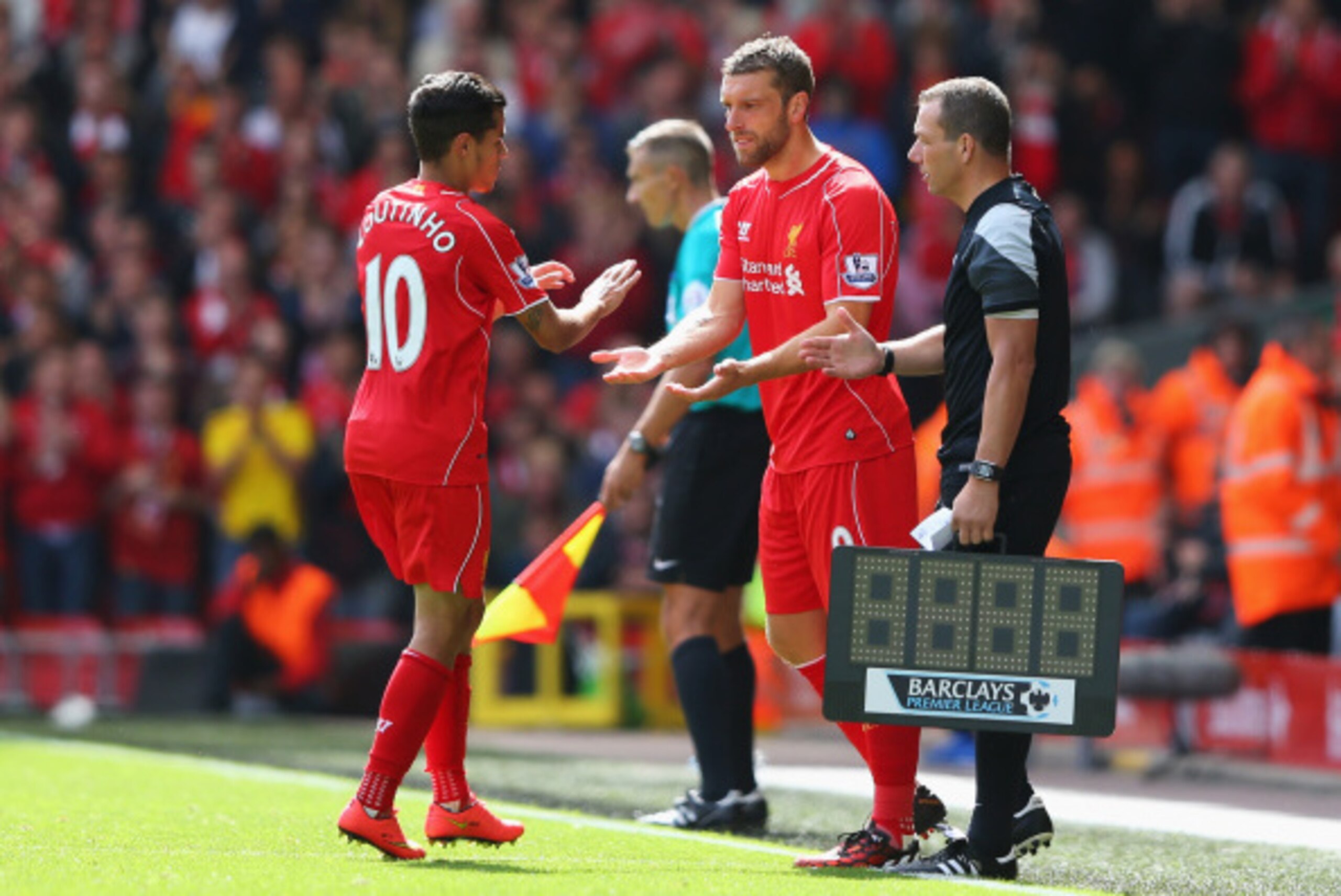 LIVERPOOL, ENGLAND - AUGUST 17:  Rickie Lambert of Liverpool comes on as a substitute for Philippe Coutinho during the Barclays Premier League match between Liverpool and Southampton at Anfield on August 17, 2014 in Liverpool, England.  (Photo by Alex Liv