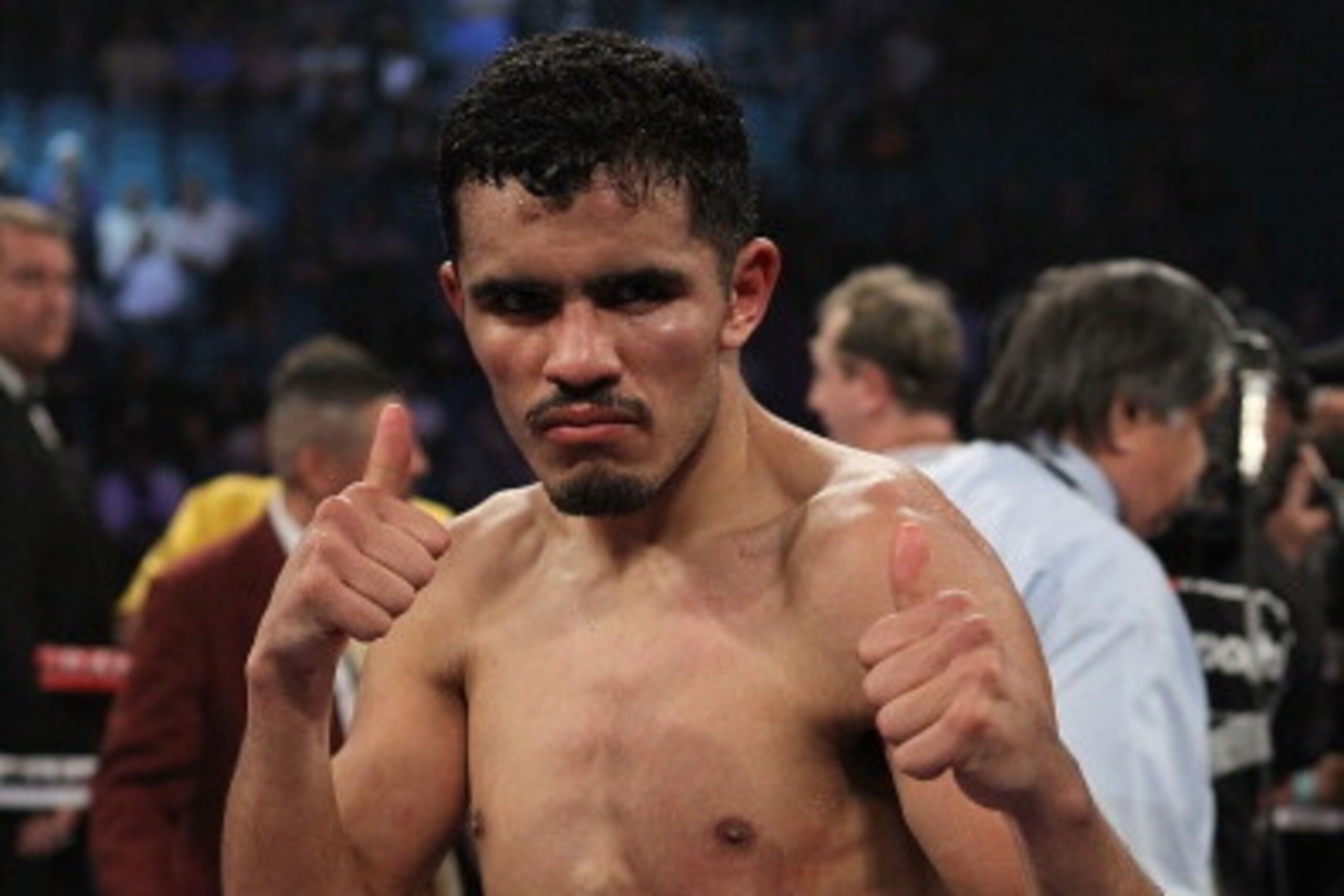 LAS VEGAS - MARCH 12:  Miguel Vazquez poses after defeating Leonardo Zappavigna in the IBF Lightweight Championship bout at the MGM Grand Garden Arena on March 12, 2011 in Las Vegas, Nevada.  (Photo by Al Bello/Getty Images)