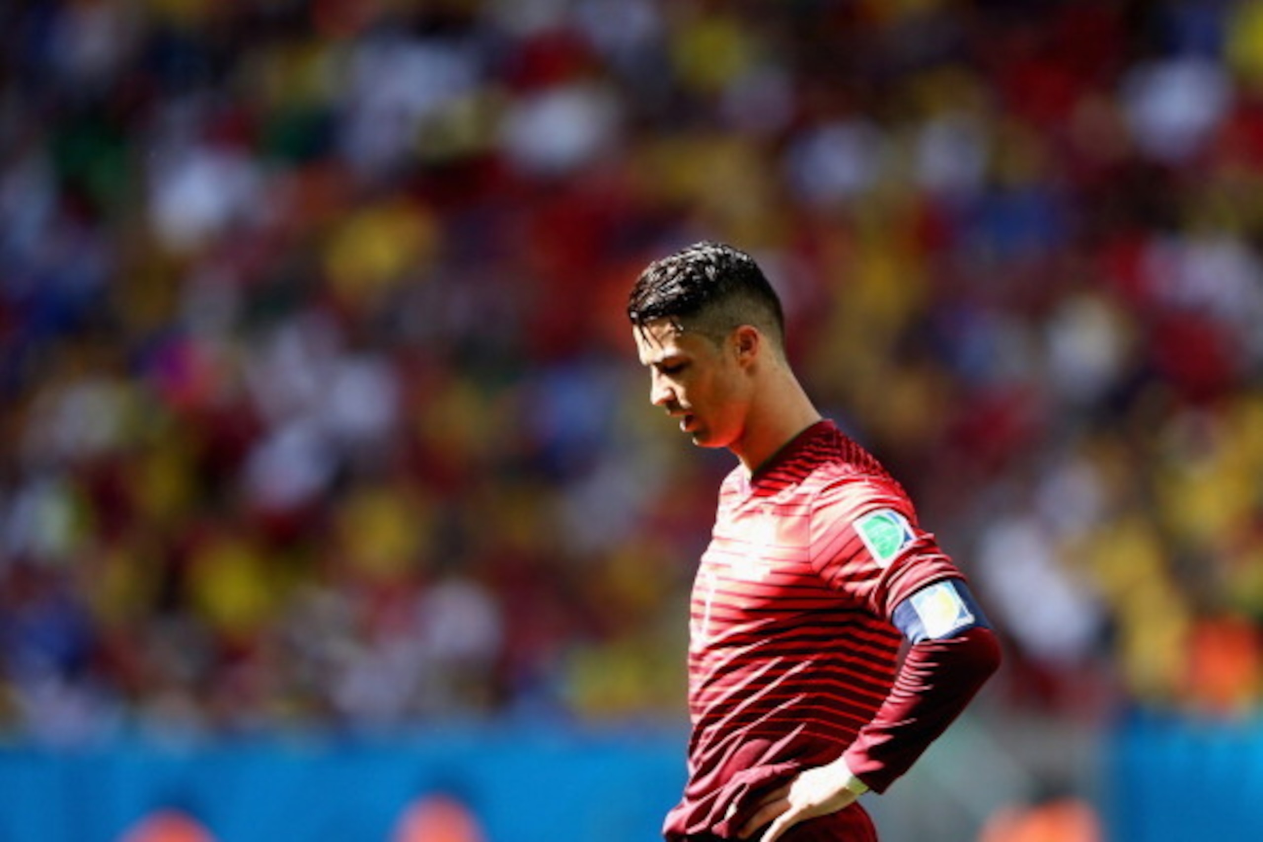 BRASILIA, BRAZIL - JUNE 26:  Cristiano Ronaldo of Portugal takes a moment after the 2014 FIFA World Cup Brazil Group G match between Portugal v Ghana at Estadio Nacional on June 26, 2014 in Brasilia, Brazil.  (Photo by Warren Little/Getty Images)