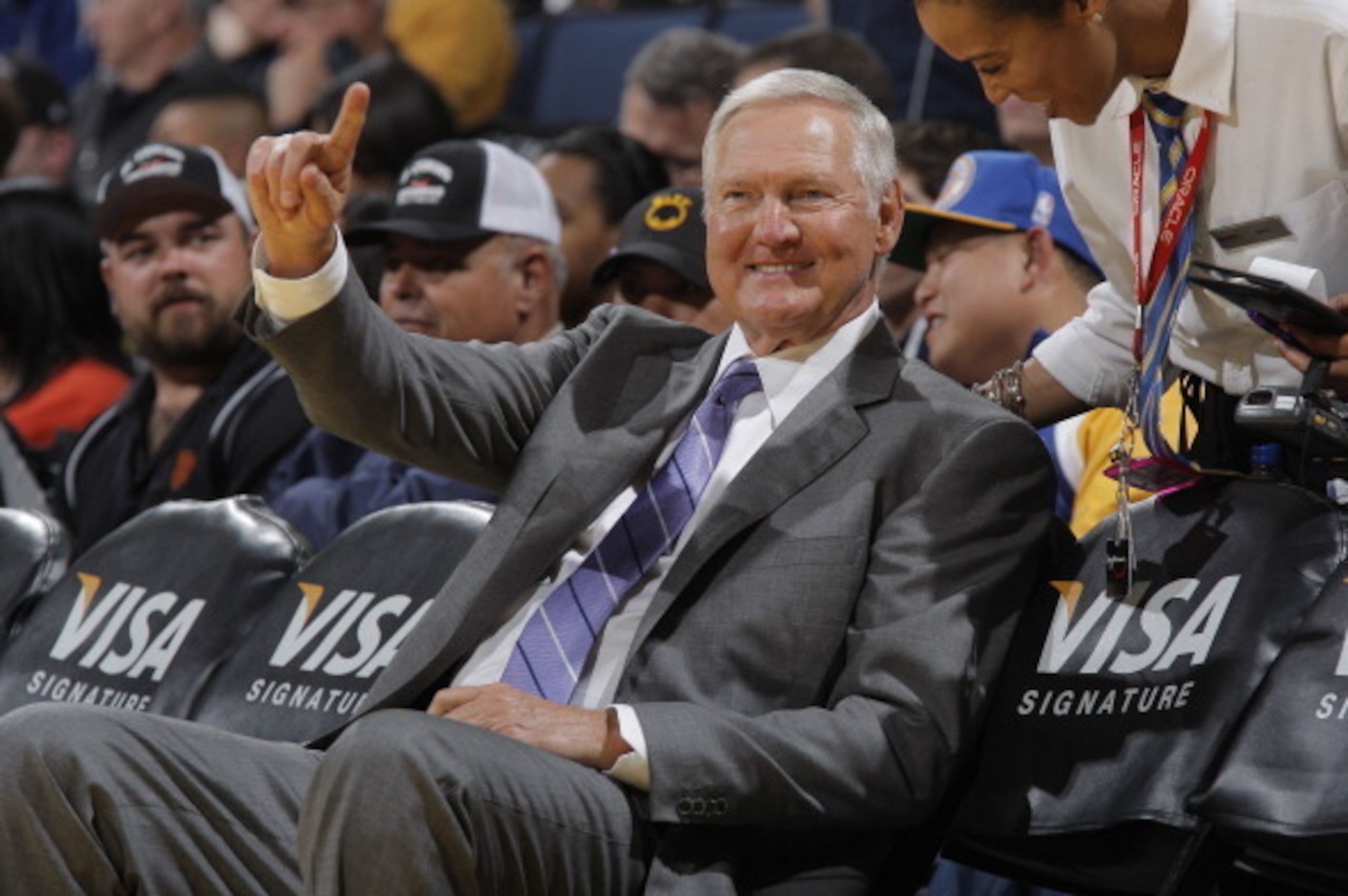 OAKLAND, CA - MARCH 27: NBA legend Jerry West watch a game between the Sacramento Kings and the Golden State Warriors on March 27, 2013 at Oracle Arena in Oakland, California. NOTE TO USER: User expressly acknowledges and agrees that, by downloading and o