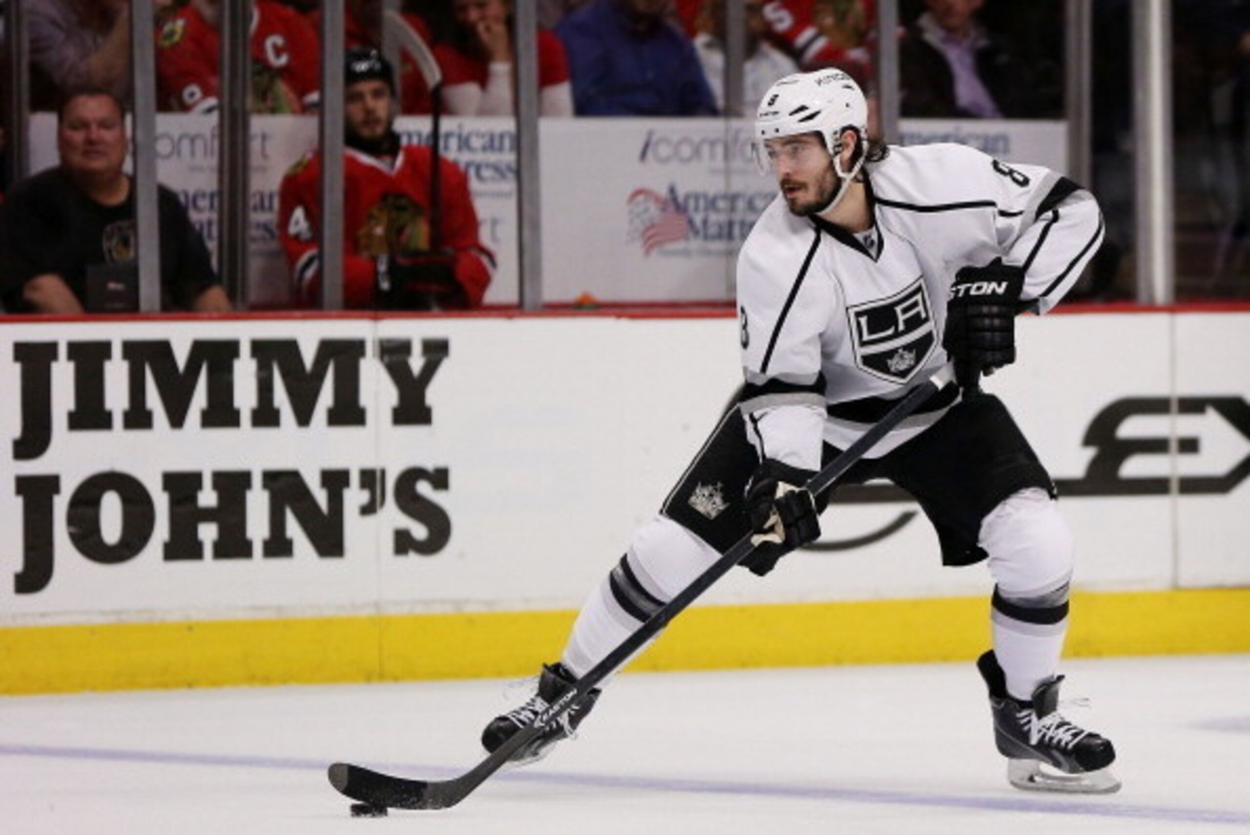 CHICAGO, IL - MAY 21:  Drew Doughty #8 of the Los Angeles Kings controls the puck against the Chicago Blackhawks in Game Two of the Western Conference Final during the 2014 Stanley Cup Playoffs at United Center on May 21, 2014 in Chicago, Illinois.  (Phot