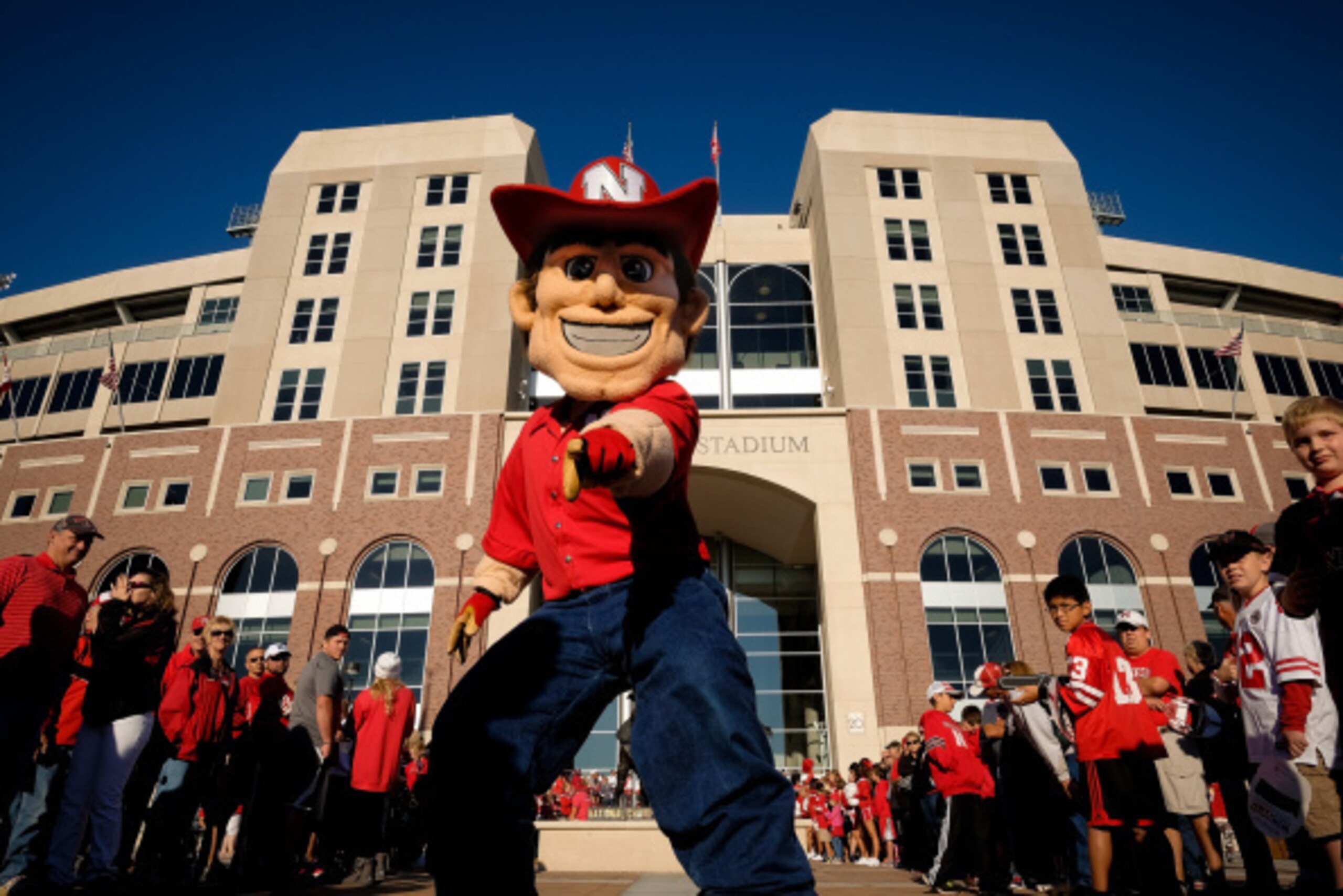 LINCOLN, NE - SEPTEMPER 6:  Herbie Husker awaits the team arrival  before the game between the McNeese State Cowboys and the Nebraska Cornhuskersat Memorial Stadium on September 6, 2014 in Lincoln, Nebraska. (Photo by Eric Francis/Getty Images)