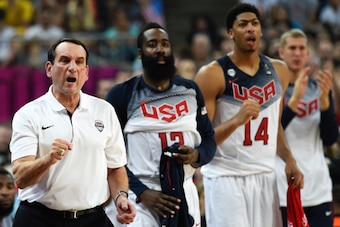 BARCELONA, SPAIN - SEPTEMBER 11:  Head coach Mike Krzyzewski of the USA Basketball Men's National Team reacts during a 2014 FIBA Basketball World Cup semi-final match between USA and Lithuania at Palau Sant Jordi on September 11, 2014 in Barcelona, Spain.