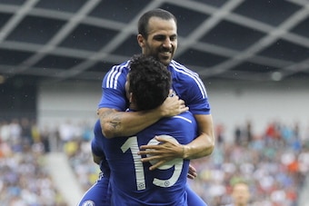 LJUBLJANA, SLOVENIA - JULY 27: Diego Costa of Chelsea celebrate the scoring the goal with Cesc Fabregas (TOP) during the Pre Season Friendly  match between FC Olimpija Ljubljana and Chelsea at Stozice stadium in Ljubljana, Slovenia on Sunday, July 27, 201