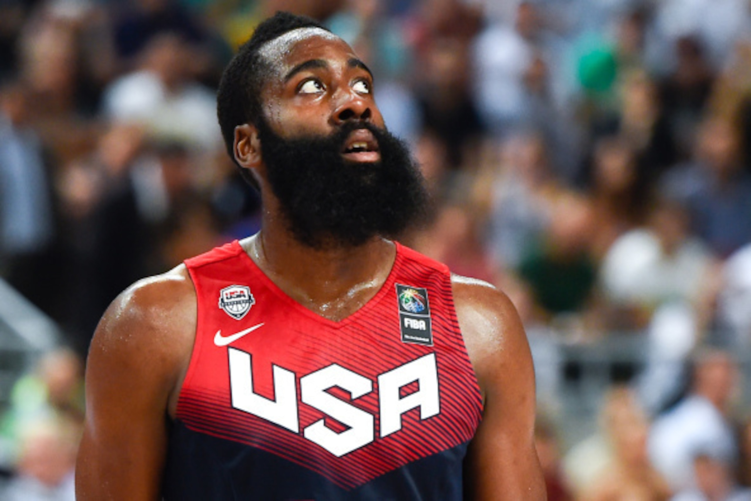 BARCELONA, SPAIN - SEPTEMBER 09:  James Harden #13 of the USA Basketball Men's National Team looks on during 2014 FIBA Basketball World Cup quarter-final match between Lithuania and Turkey at Palau Sant Jordi on September 9, 2014 in Barcelona, Spain.  (Ph
