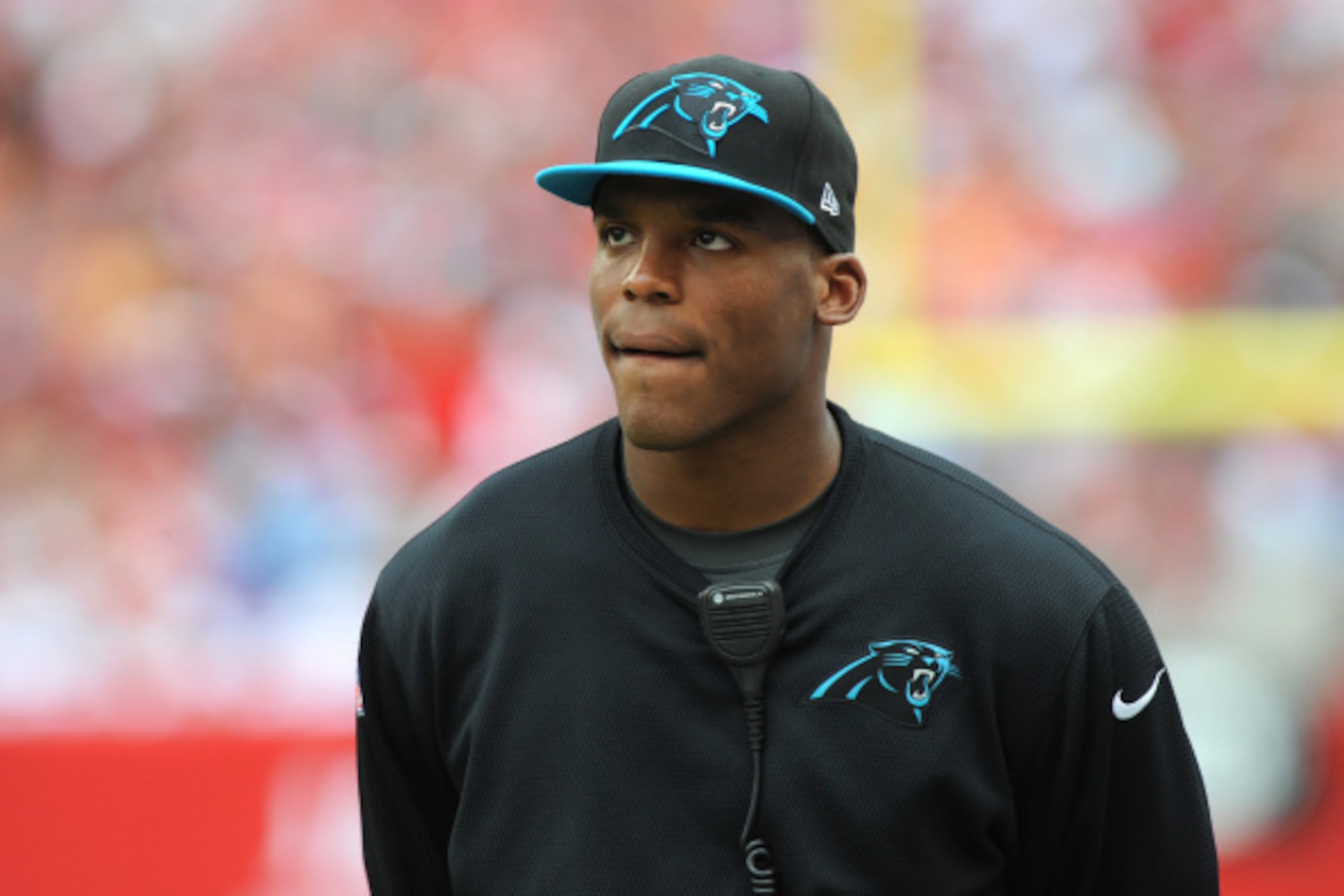 TAMPA, FL - SEPTEMBER 7: Quarterback Cam Newton #1 of the Carolina Panthers on the sidelines against the Tampa Bay Buccaneers at Raymond James Stadium on September 7, 2014 in Tampa, Florida. (Photo by Cliff McBride/Getty Images) )